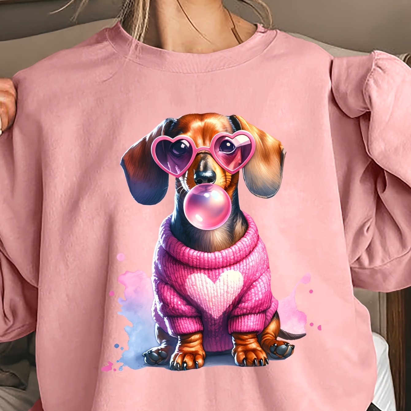 

Women's Plus Size Dachshund Sweatshirt - Casual Crew Neck Pullover, 100% Polyester Knit Fabric, Cartoon Pattern, Fall/ Top