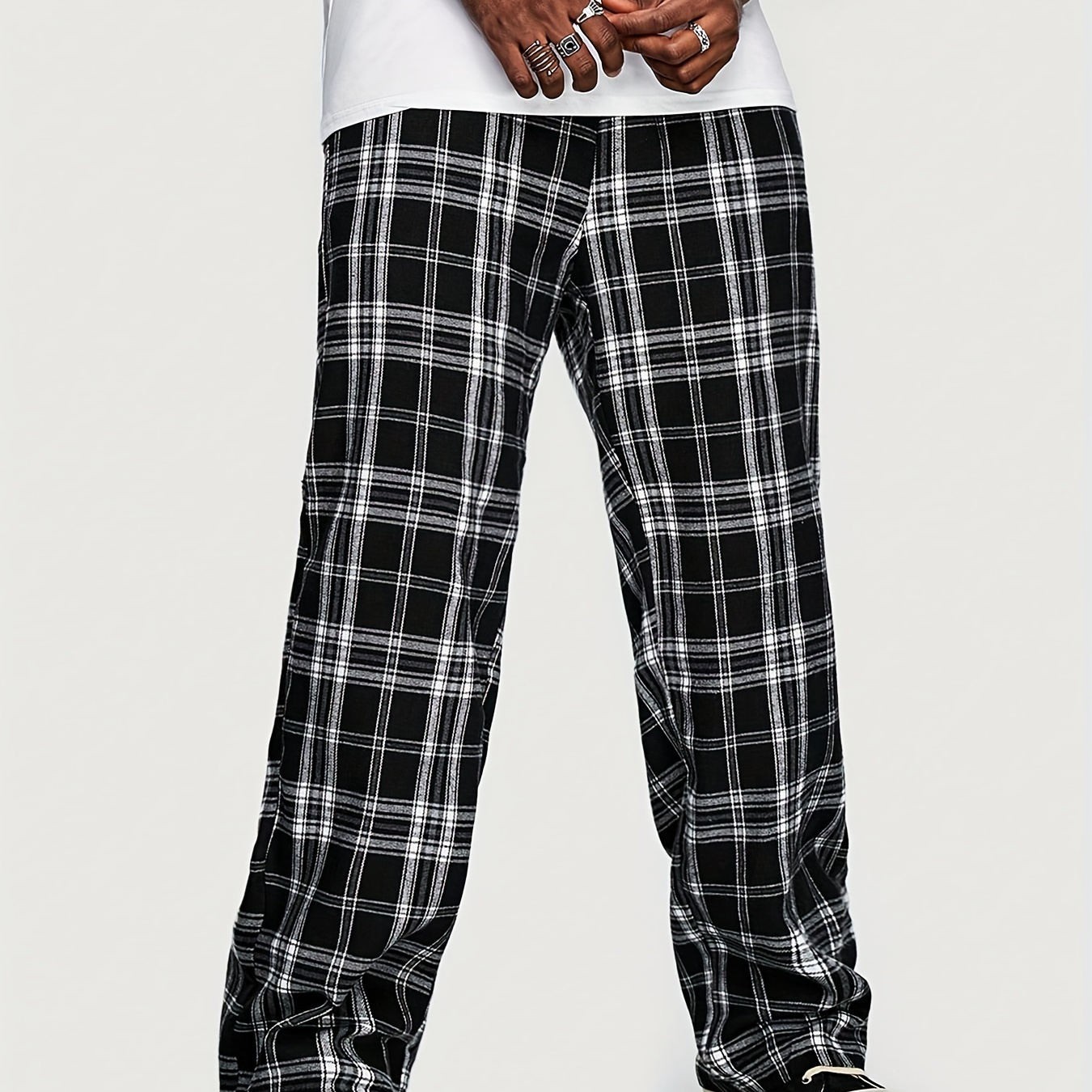 

Plaid Long Straight Loose Fit Pants, Men's Casual Loose Fit Waist Drawstring Pants For Spring Summer