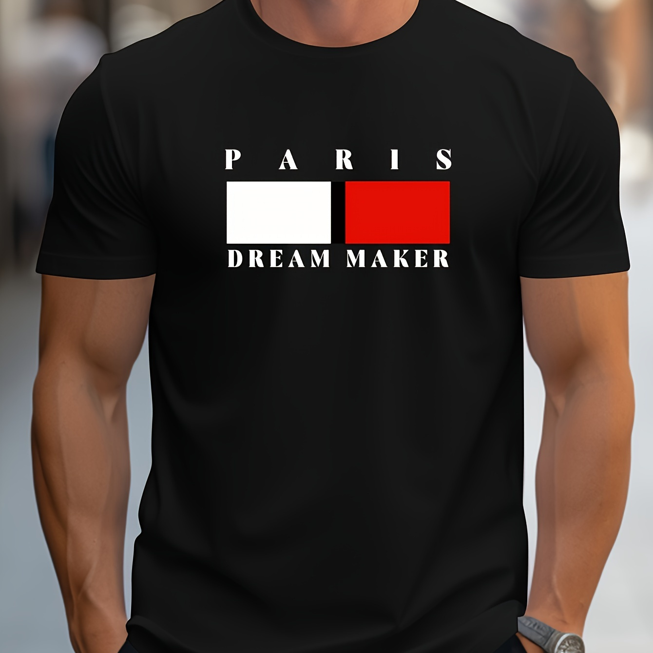 

Paris Dreamer Maker Graphic Print Men's Creative Top, Casual Short Sleeve Crew Neck T-shirt, Men's Clothing For Summer Outdoor