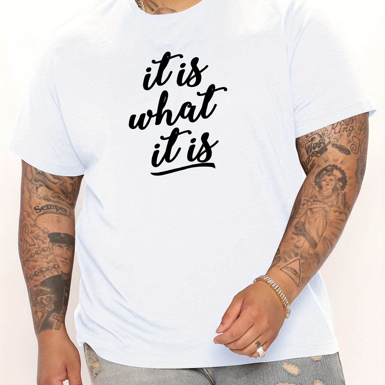 

Plus Size, Men's T-shirt, It Is What It Is Print, Short Sleeve Crew Tees For Outdoor Sports