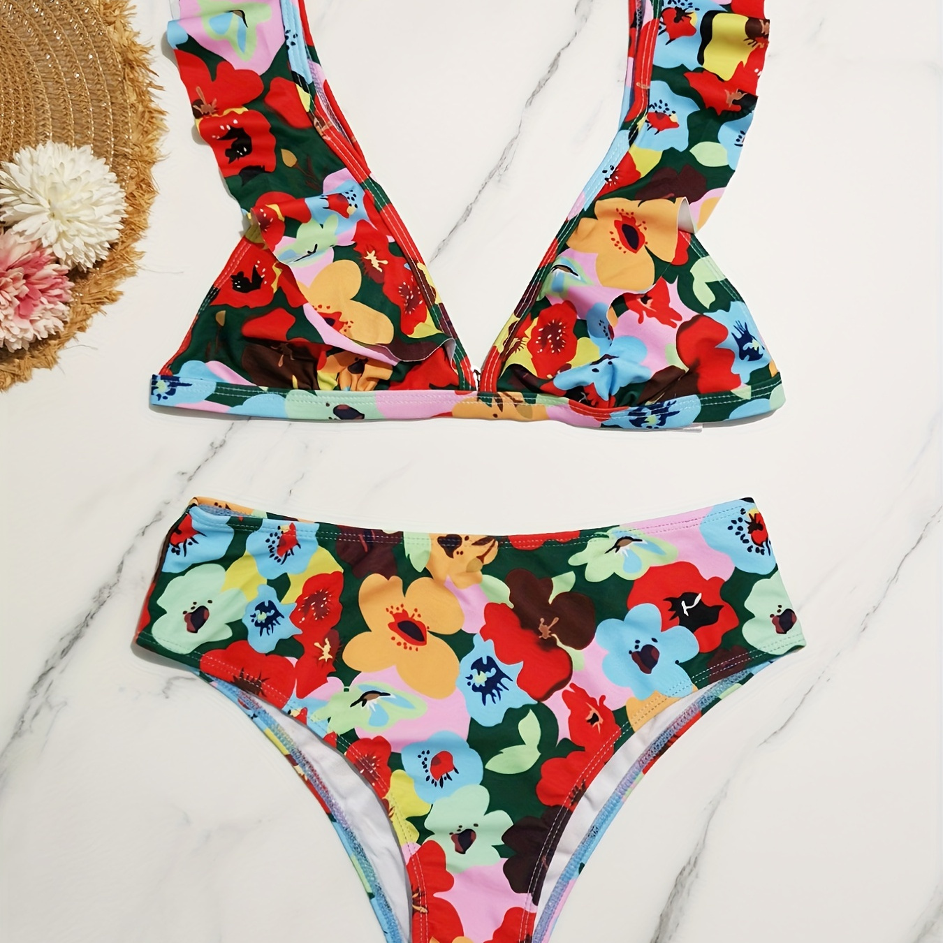 

Floral Print V Neck Bikini Sets, Lettuce Trim Back Buckle High Waist High Cut 2 Pieces Swimsuit, Women's Swimwear & Clothing