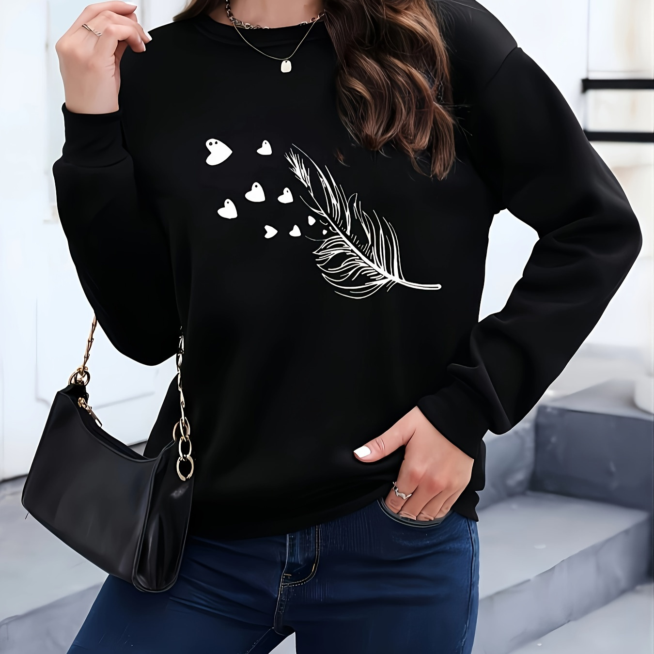 

Women's Casual Crew Neck Long Sleeve Sweatshirt With Applique, Polyester (60% Polyester, 40% Rayon, 5% Spandex), Knit Fabric, Top