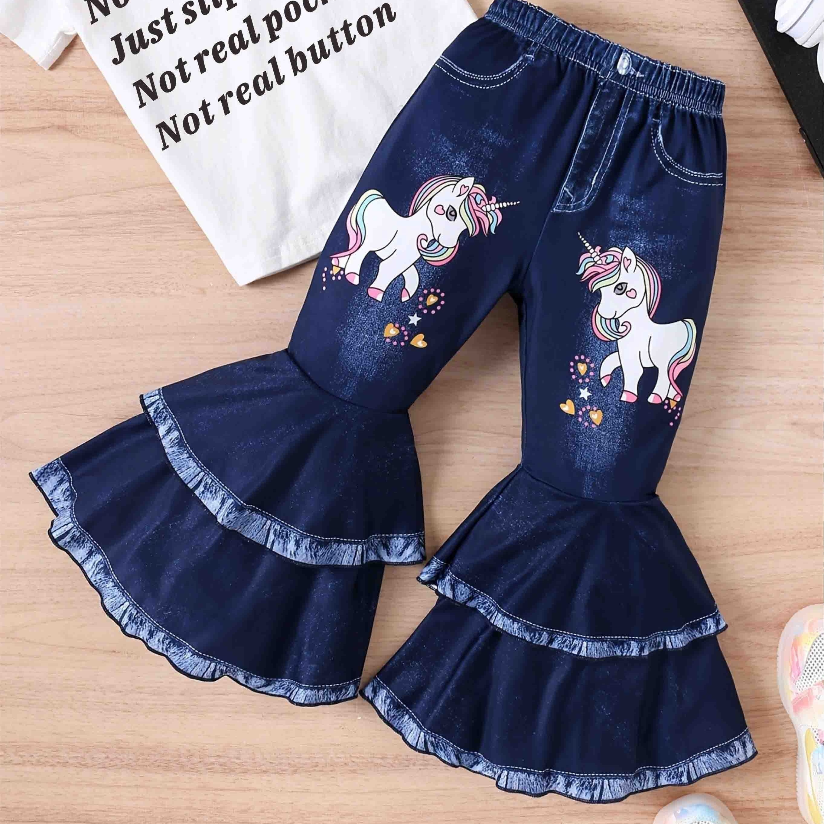 

Little Girls Pull-on Unicorn Imitation Denim Print Allover Print Bell-bottom Pants For Stylish & Adorable Look, Kids Bottoms