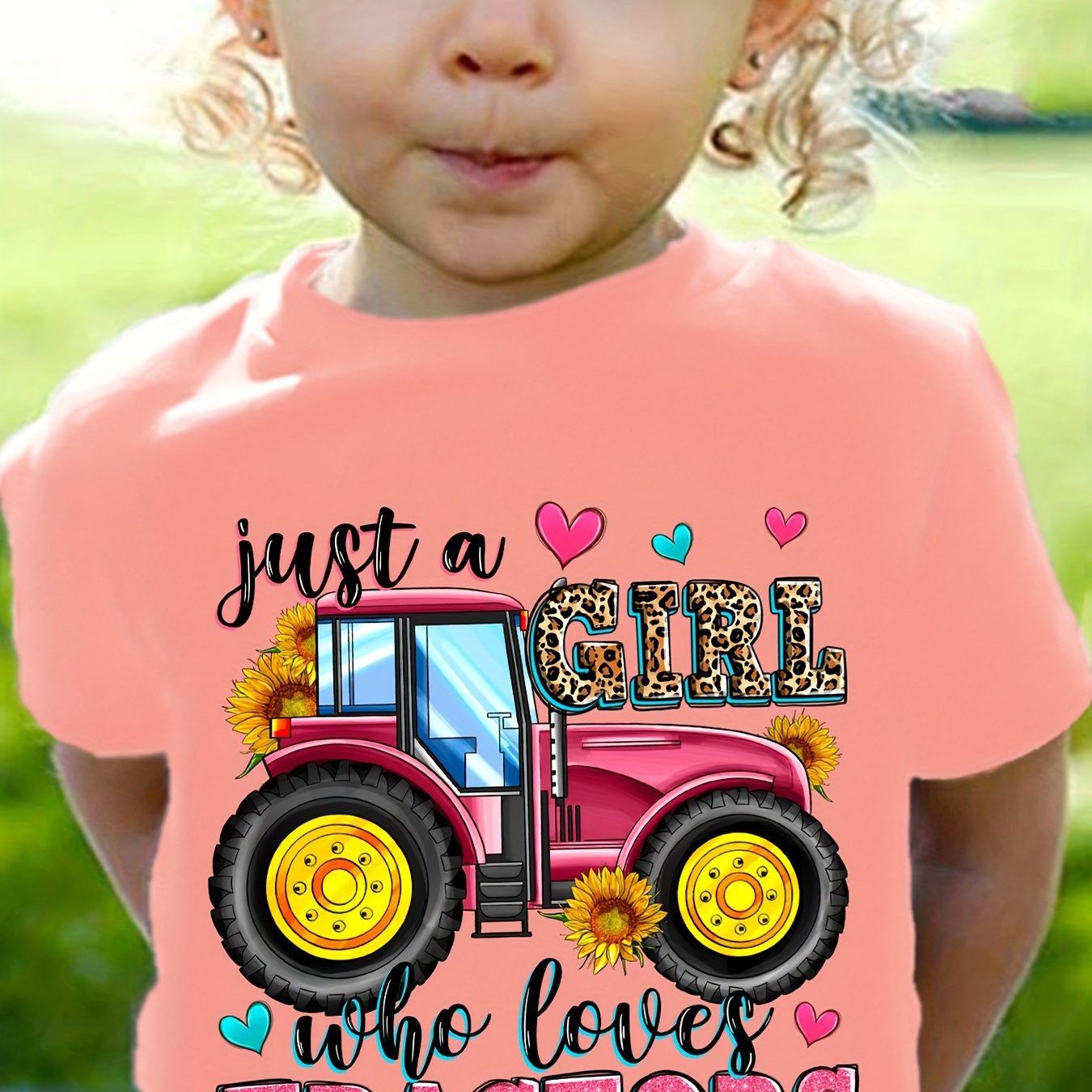 

Just A Girl Who Loves Tractors Print Short Sleeve T-shirt, Girls Comfy Tees Pullover For Summer Gift
