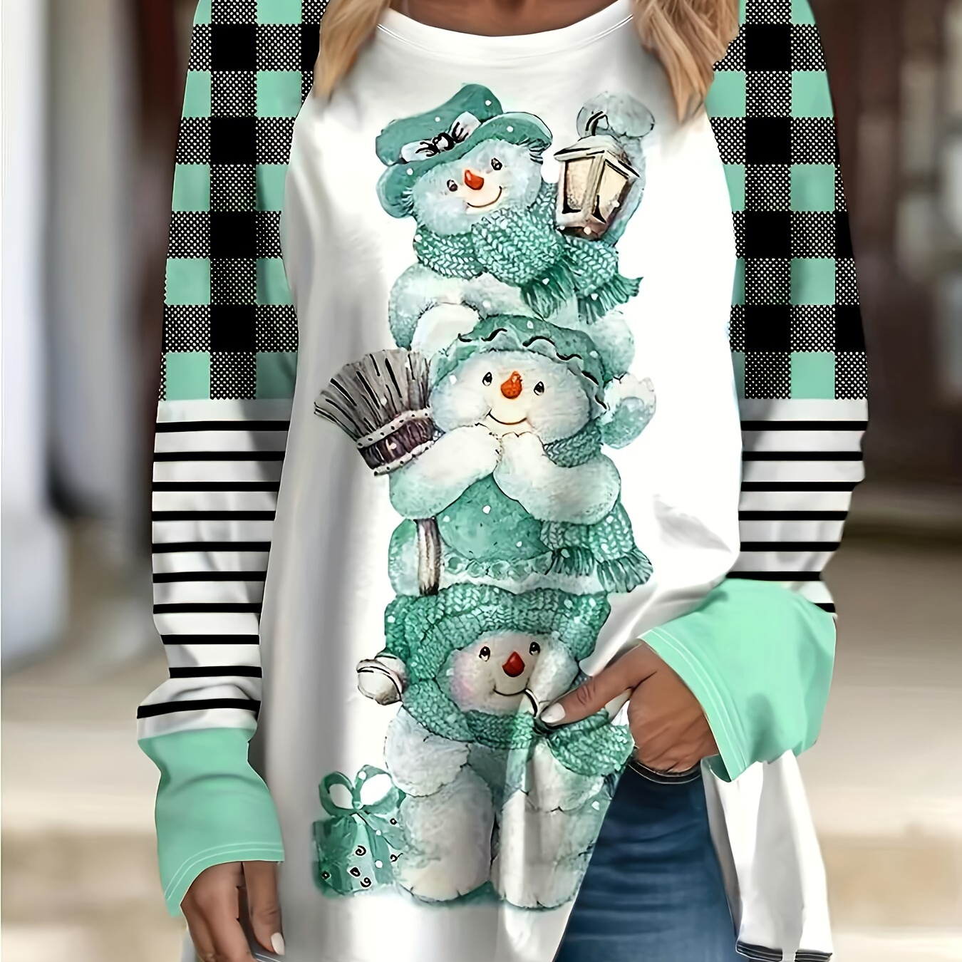 

Women's Plus Size Long Sleeve T-shirt, Christmas Snowman Print, Checkered Pattern, Round Neck, Stretchy Polyester Fabric, Elegant Knit Design, All Fashion Top