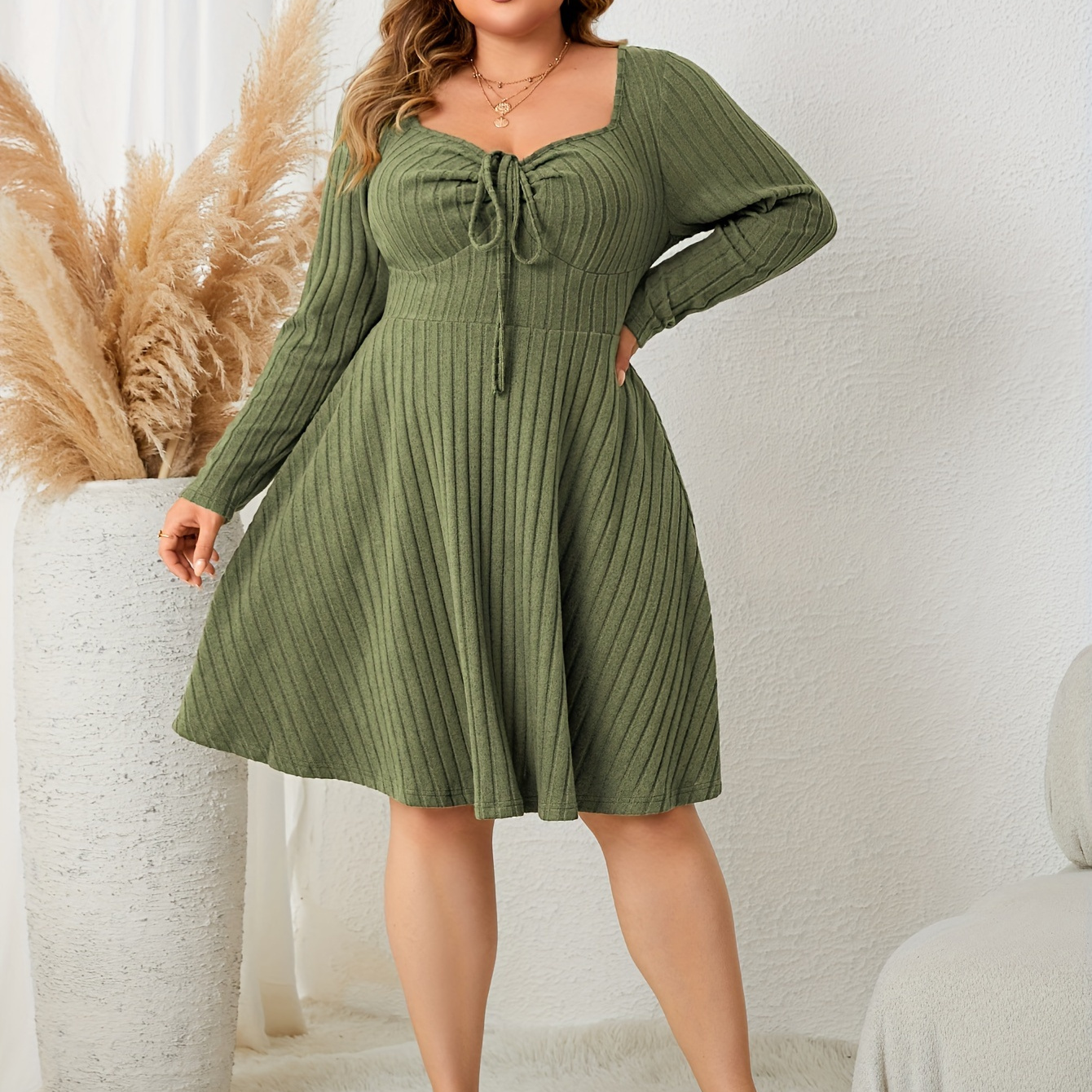 Plus Size Casual Outfits Set Women's Plus Solid Ribbed Long - Temu