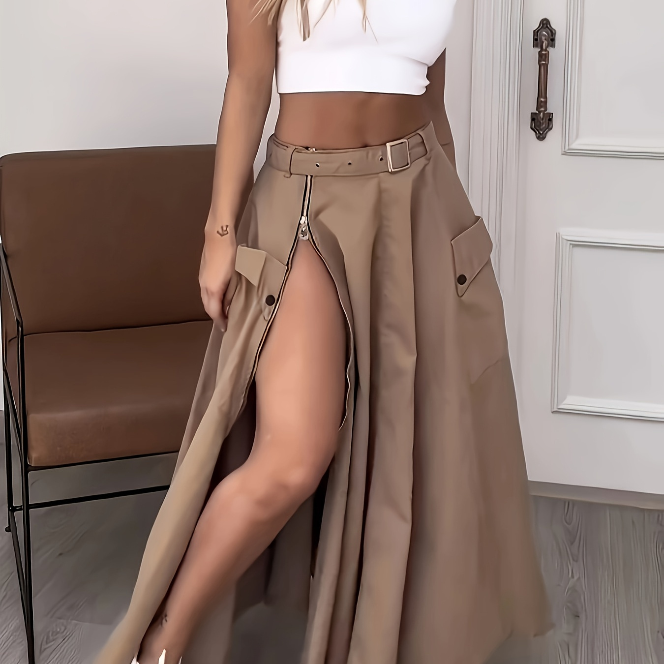 

Elegant Temperament Sleeveless Vest Solid Color Slit Waist Belt Half Skirt Two-piece Set