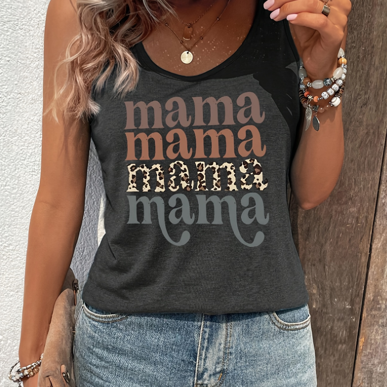 

Mama Print Crew Neck Tank Top, Casual Sleeveless Top For Spring & Summer, Women's Clothing