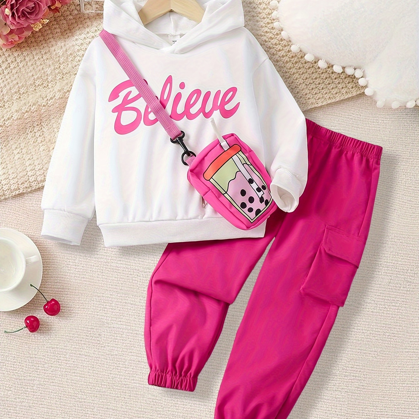 

2pcs Girls Set, Believe Long Sleeve Hoodie Sweatshirt Top + Cargo Trousers - Spring/fall Clothes, Sweet Fashion Outfits