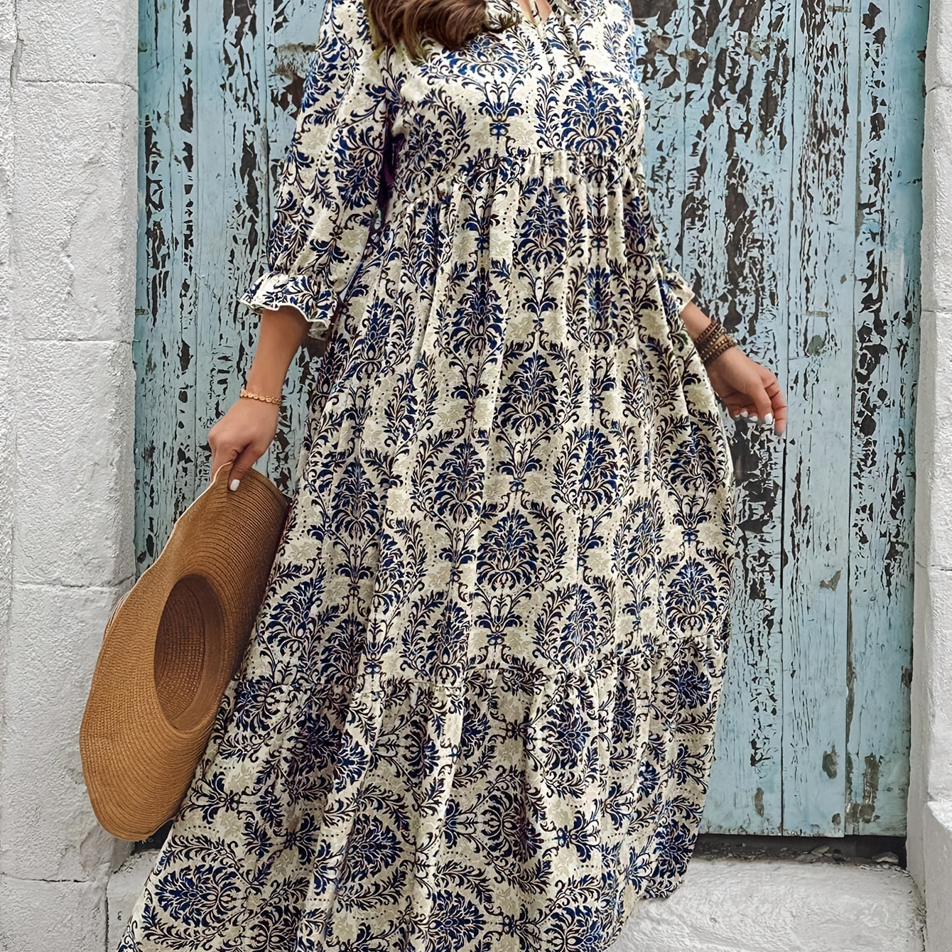 

Plus Size Ethnic Print Loose Longline Dress, 3/4 Sleeve Tie Neck Dress For Spring & Fall, Women's Plus Size Clothing