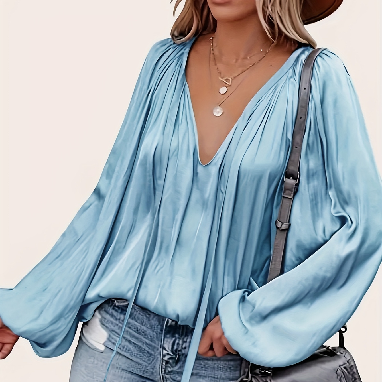 

1pc Elegant V-neck Polyester Blouse With Tie Neck Detail - Lantern Sleeves, Ruched Design, Loose Fit Casual Top For Women - Shirting