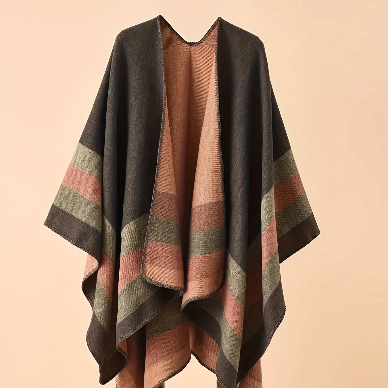 

Cozy Striped Pattern Cape Cardigan - Soft Acrylic & Polyester Blend, V-neck, Warm For Women, Brown/black/beige Color , Winter Outerwear | Striped Cape | Woven Texture