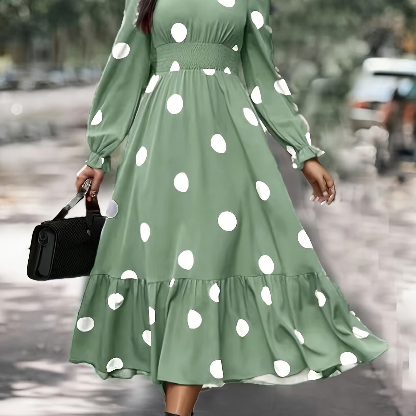 

Polka Dot Print V-neck Dress, Elegant Long Sleeve Ruffle Hem A-line Ankle Length Dress For Vacation, Women's Clothing
