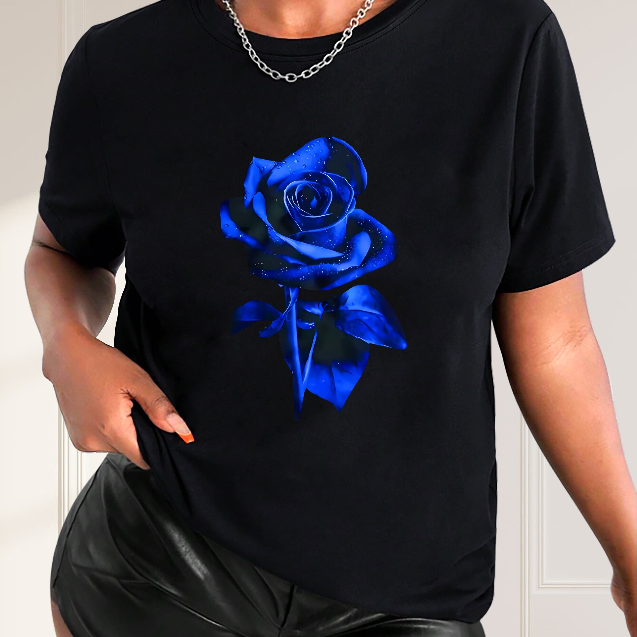 

Valentine's Day Rose Print Casual Sports T-shirt, Round Neck Short Sleeves Tee, Women's Activewear Graphic