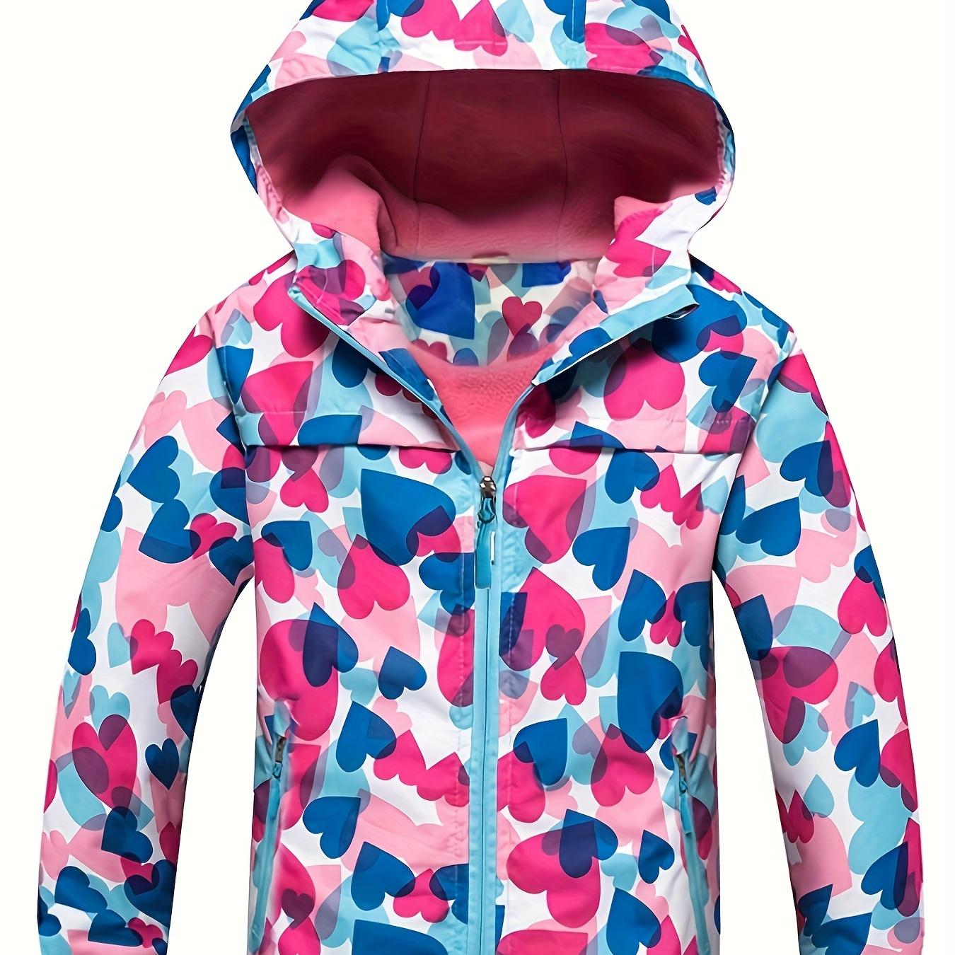 Toddler Girls Heart Graphic Hooded Jacket Waterproof Windproof Zipper Coat Kids Spring Clothes