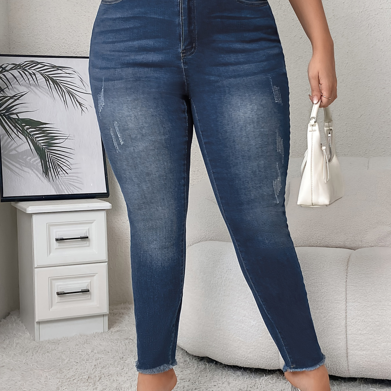 

Plus Size Casual Jeans, Women's Plus Solid Raw Trim Button Fly High Rise High Stretch Skinny Jeans