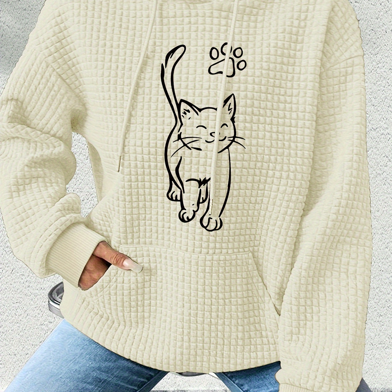 

Cat Print Waffle Kangaroo Pocket Hoodie, Casual Long Sleeve Drawstring Hoodies Sweatshirt, Women's Clothing