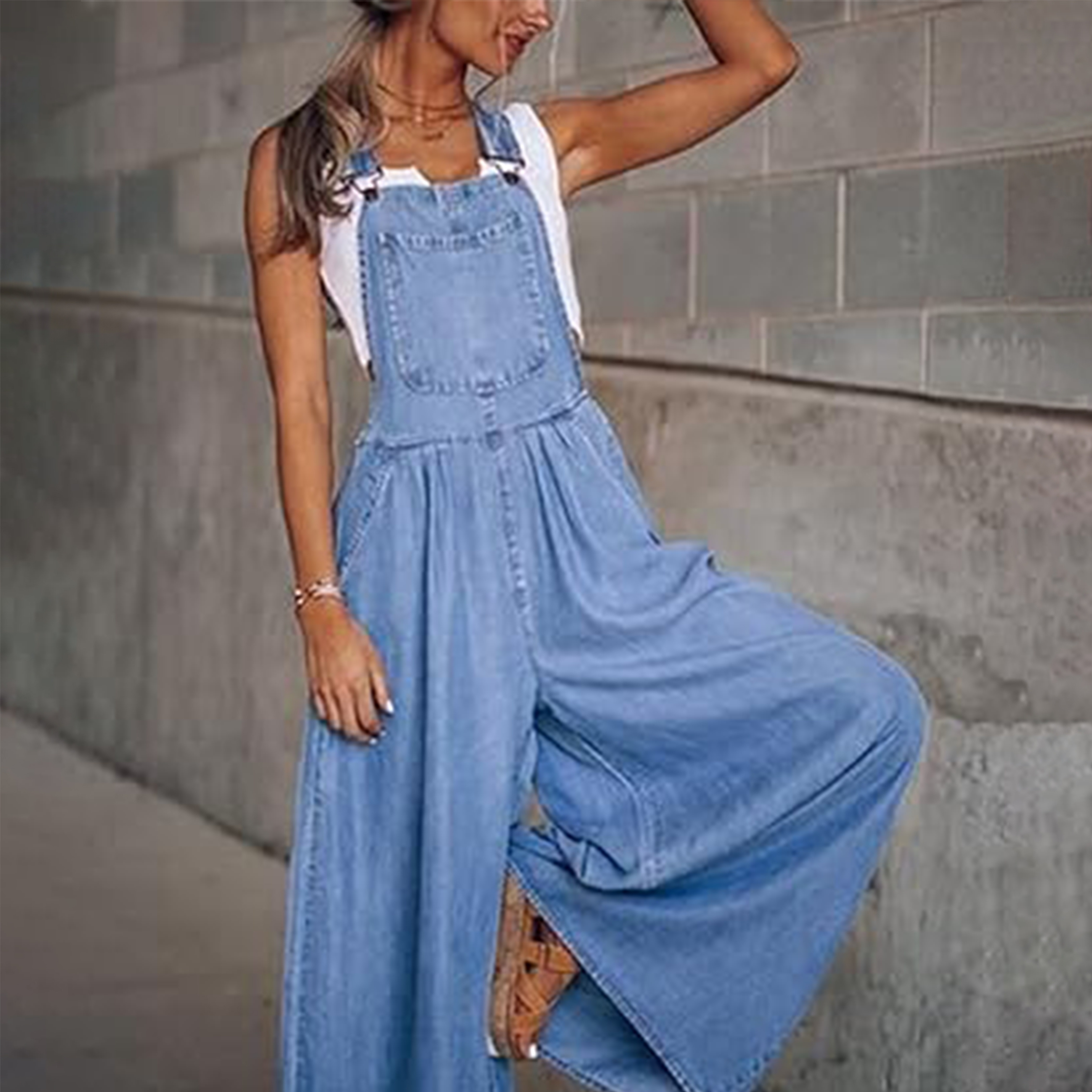 

Loose Fit Plain Washed Blue Casual Style Adjustable Strap Denim Overalls Dungarees, Women's Denim Jeans & Clothing