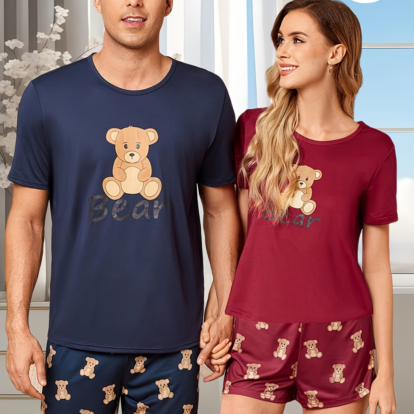 

Valentine's Day Matching Couple Clothing Set - Cute Teddy , Short Sleeve & Shorts, Soft Polyester , Machine Washable, Round Neck -