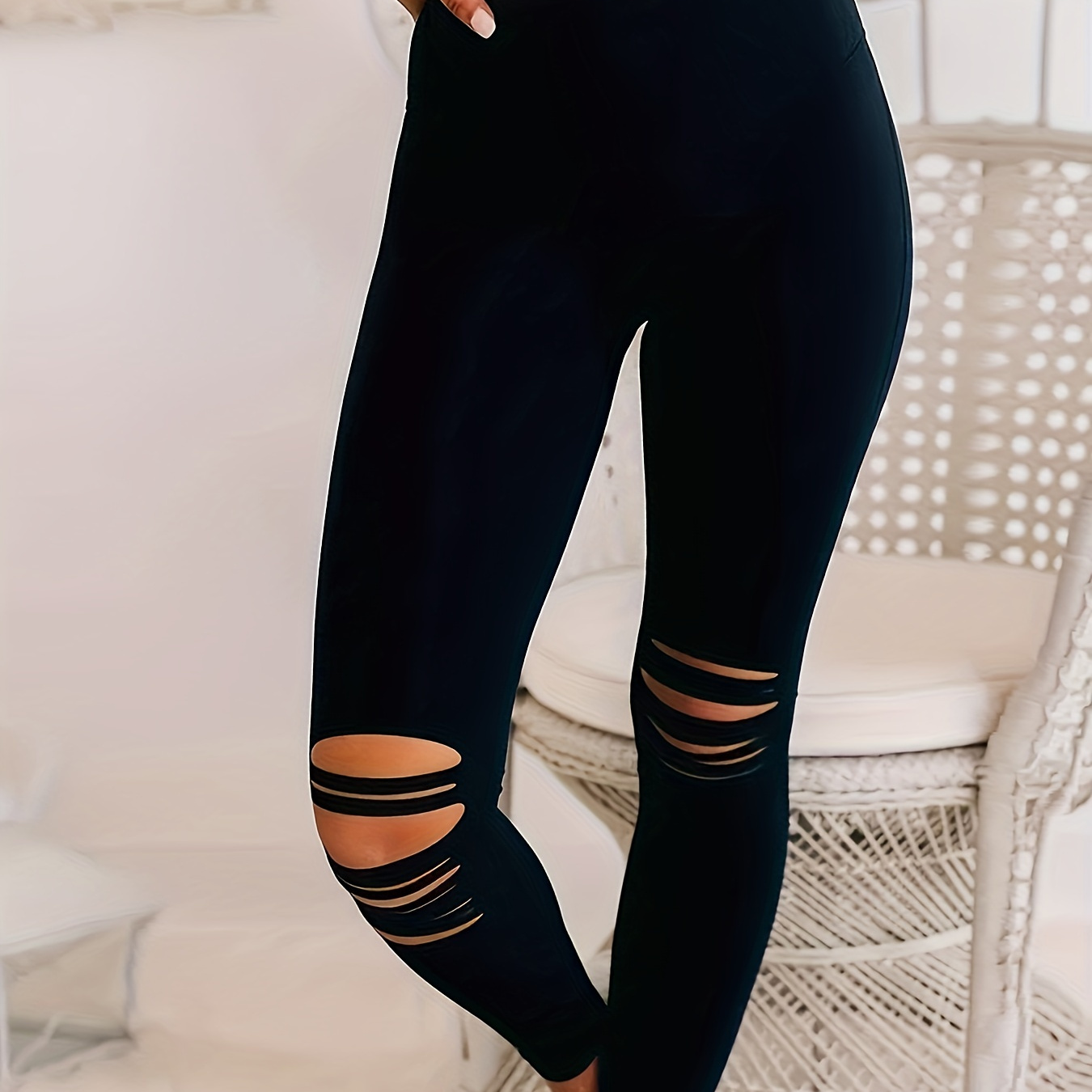 

Women's High-waisted Ripped Yoga Leggings, Stretchy Casual Sportswear, Black Elastic Gym Tights, Breathable Athletic Pants For Fall & Winter
