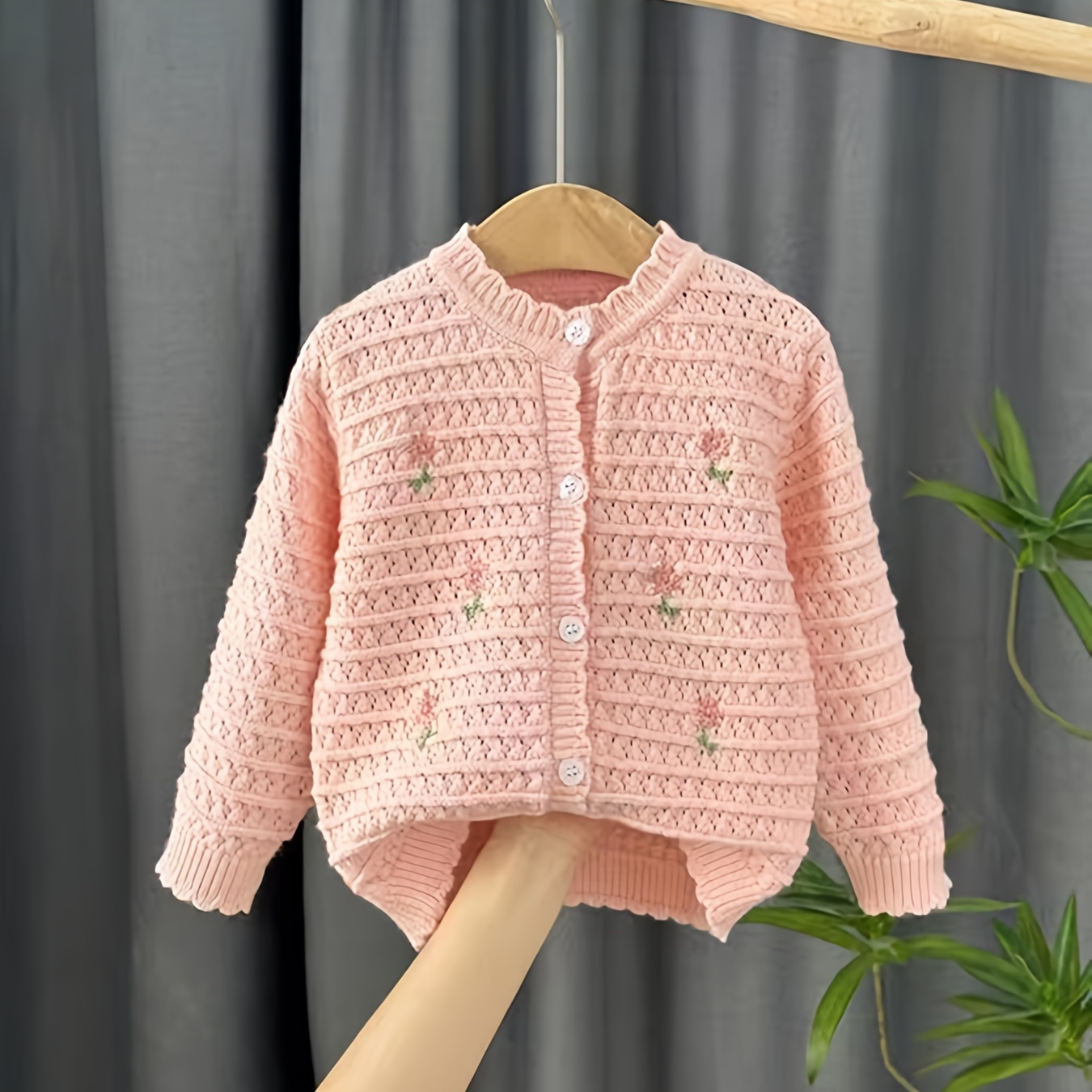 

Baby's Flower Embroidery Knitted Cardigan, Casual Button Down Sweater, Toddler & Infant Girl's Clothing