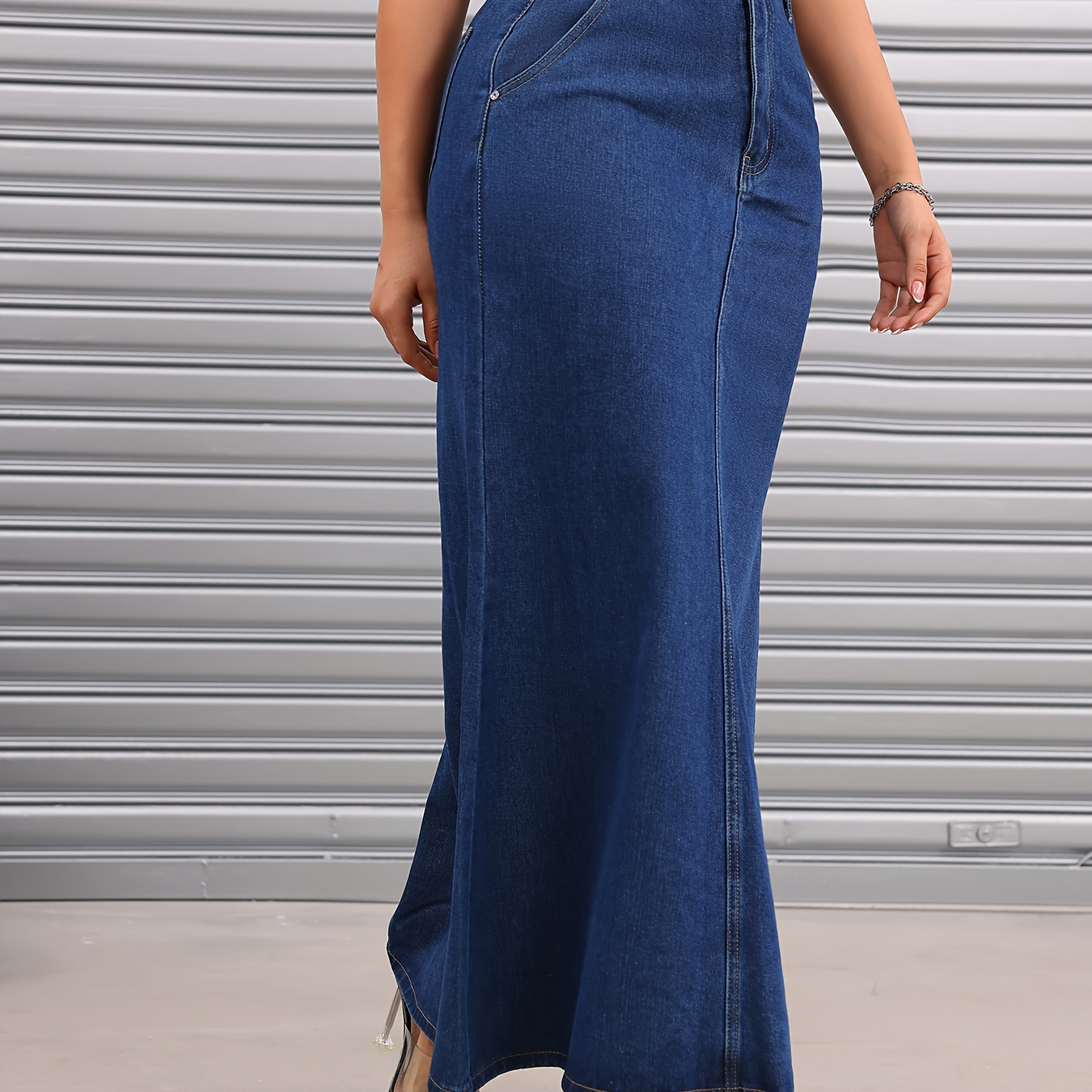 

Slant Pockets Casual Denim Maxi Skirt, Non-stretch Versatile Denim Skirt, Women's Denim Clothing