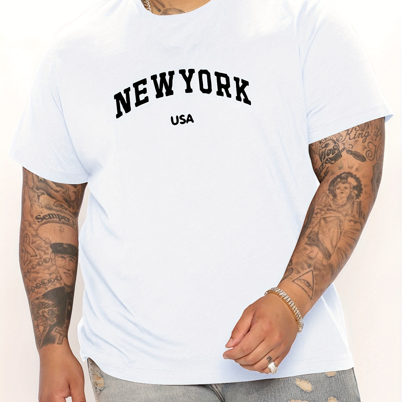 

Plus Size, Men's T-shirt, New York Graphic Print, Short Sleeve Crew Tees For Outdoor Sports