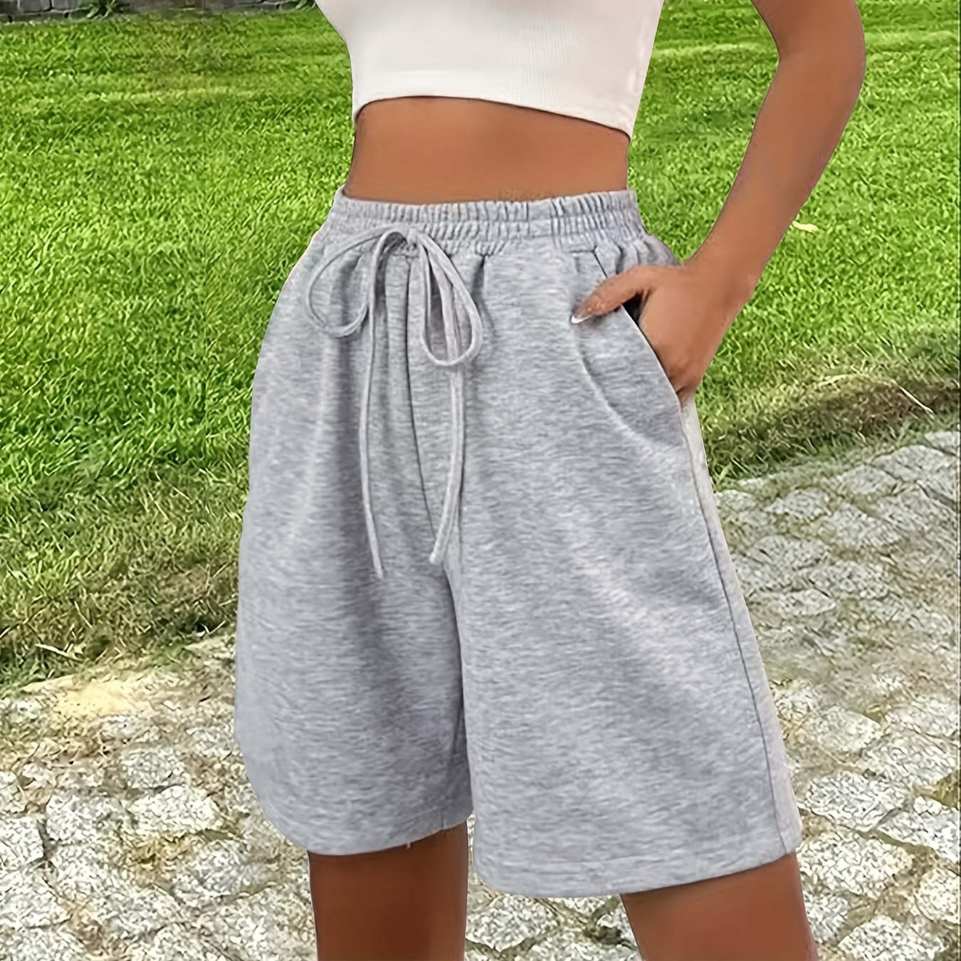 

Slant Pockets Drawstring Shorts, Casual Elastic Waist Shorts For Spring & Summer, Women's Clothing