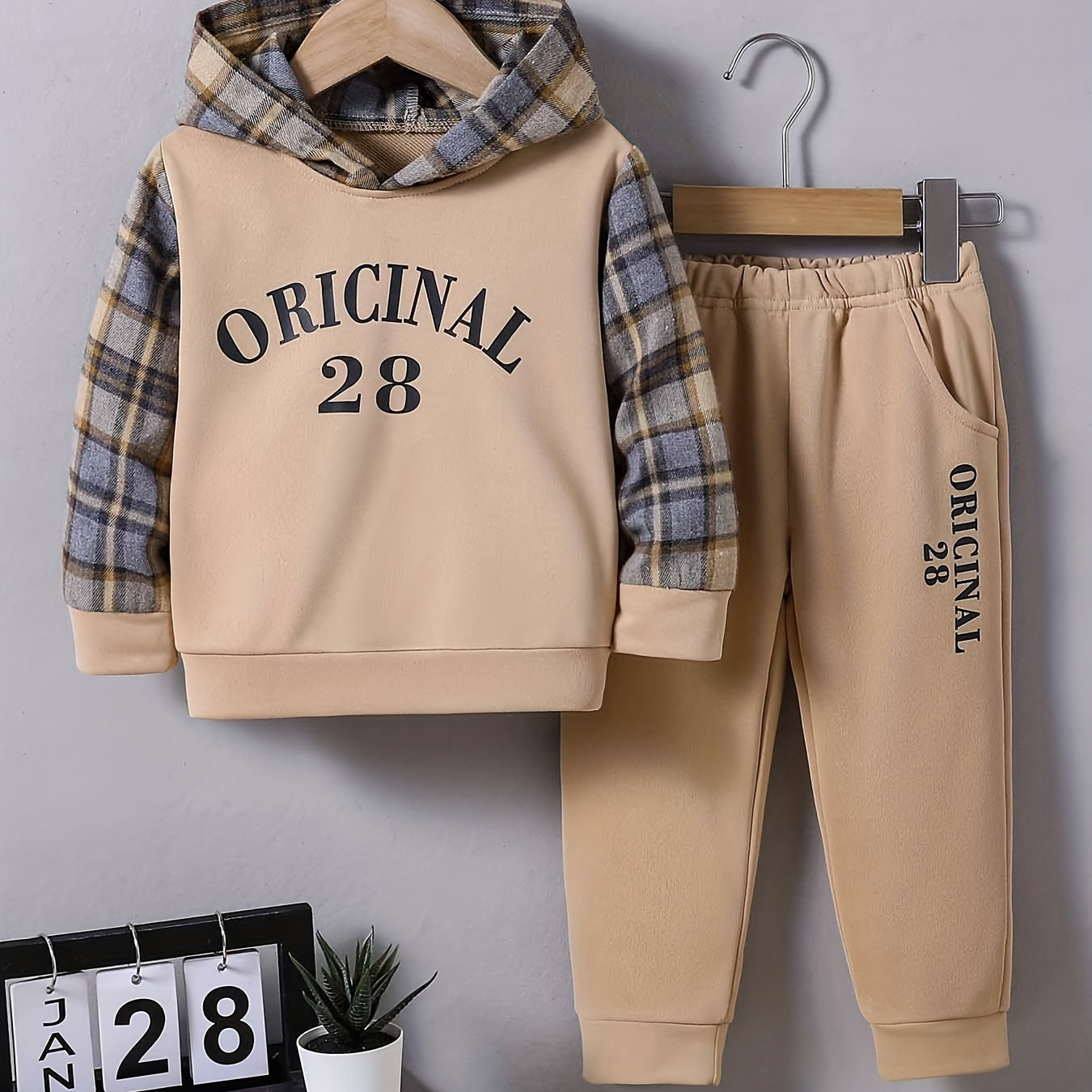 

2pcs Baby's Letter Number Print Plaid Pattern Splicing Hoodie & Casual Pants, Toddler & Infant Boy's Clothing Set For Fall Winter