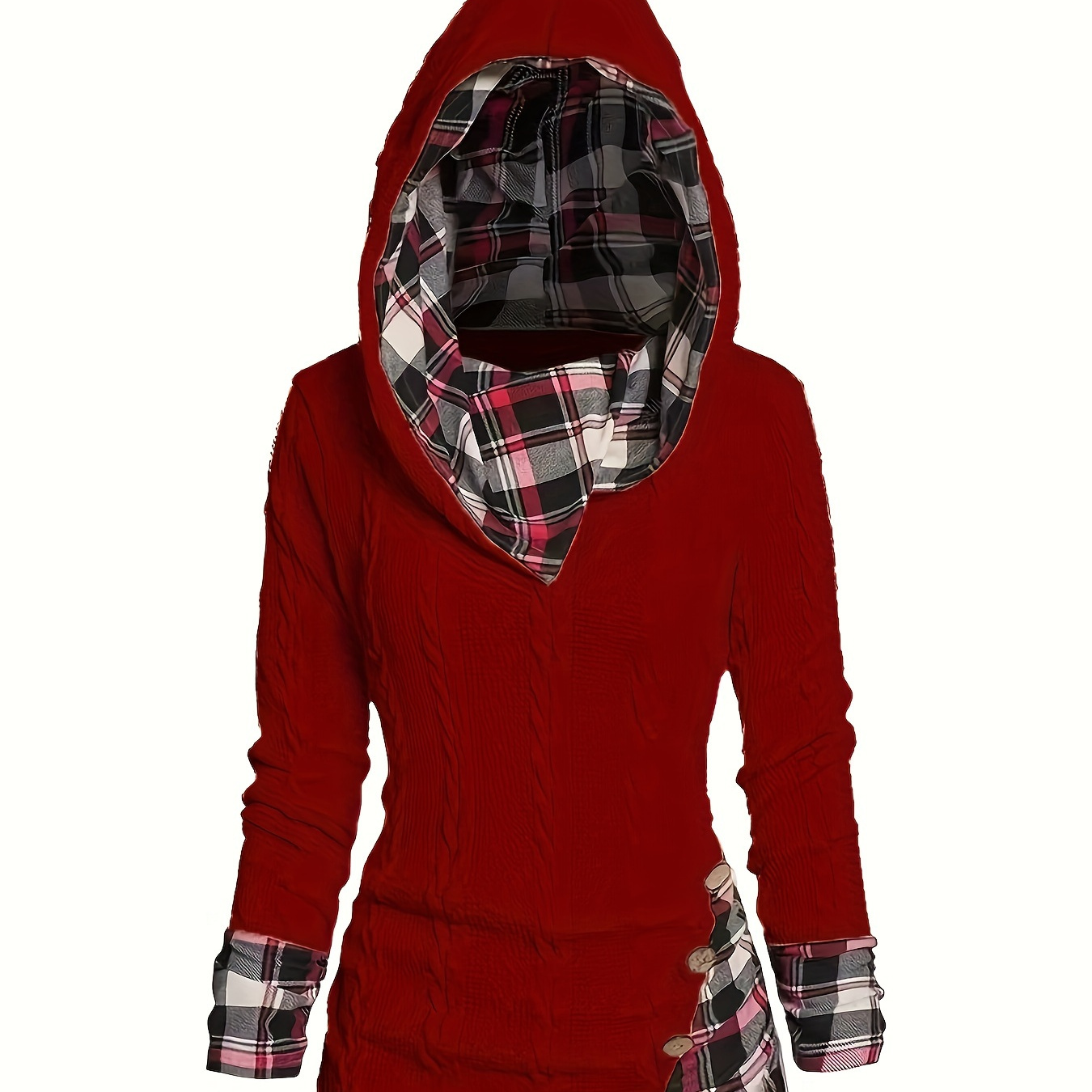 

Plaid Splicing Button Decor Cable Hooded Sweater, Casual Long Sleeve Sweater, Women's Clothing