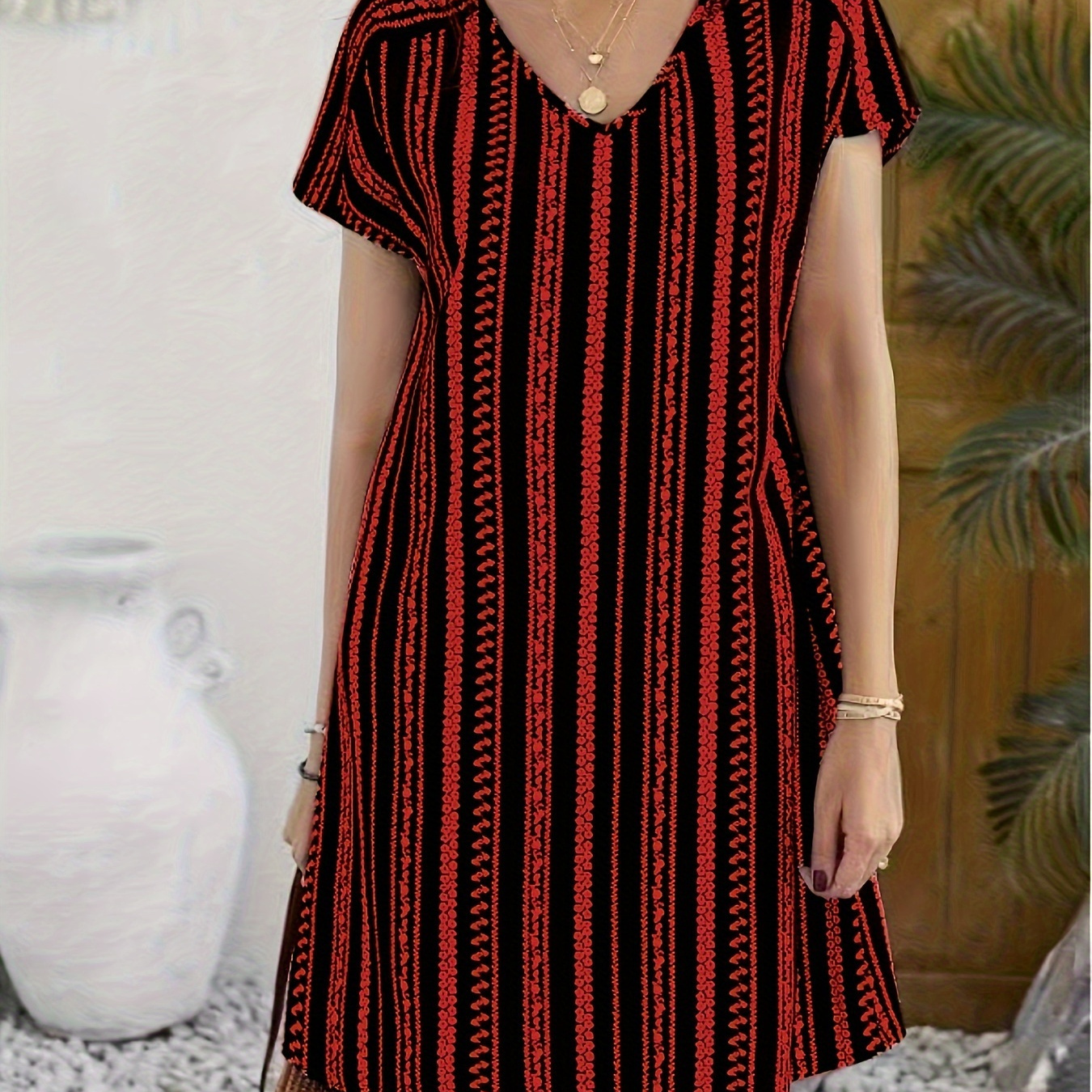 

Striped V-neck Dress, Elegant Short Sleeve Midi Dress For Spring & Summer, Women's Clothing