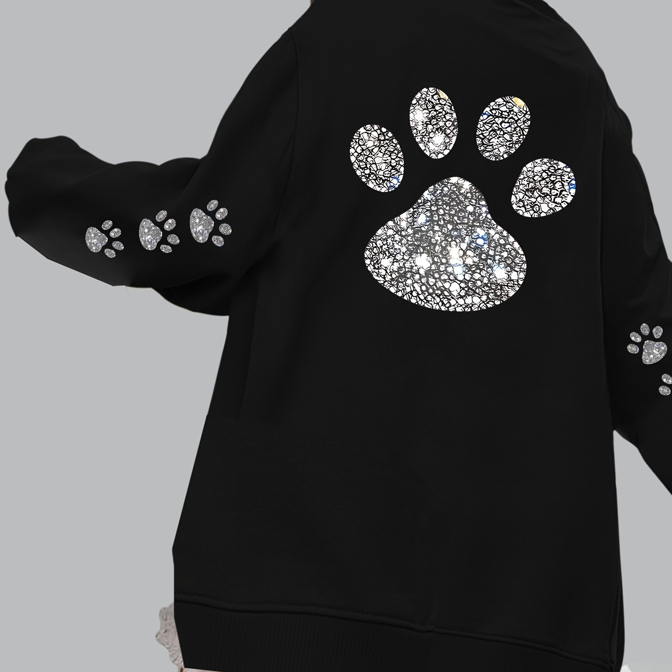 

Cozy Plus Size Cat Paw Print Sweatshirt For Women - Casual Crew Neck, Long Sleeve Pullover With Glitter Accents, Machine Washable, Back Sleeve, Round Neck