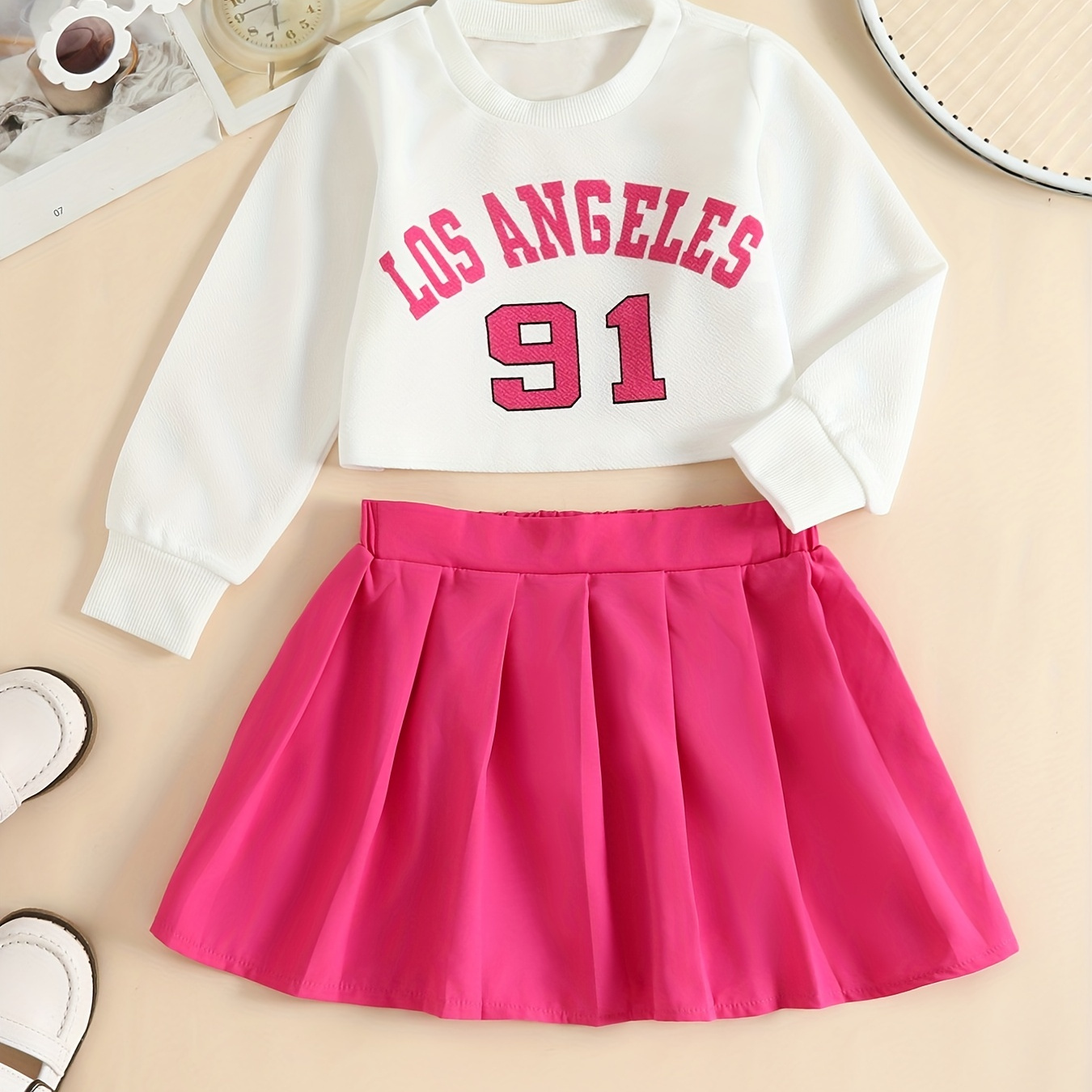 2pcs Toddler Girls Preppy Letter "los Angeles" Graphic Pullover