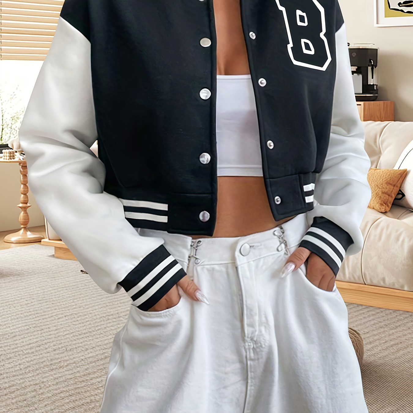 

Women's Polyester Knit Fabric Preppy Style Varsity Jacket - Casual All-season Alphabet Pattern Bomber With Boat Neck Collar And Button Details - Zip-up Hoodie