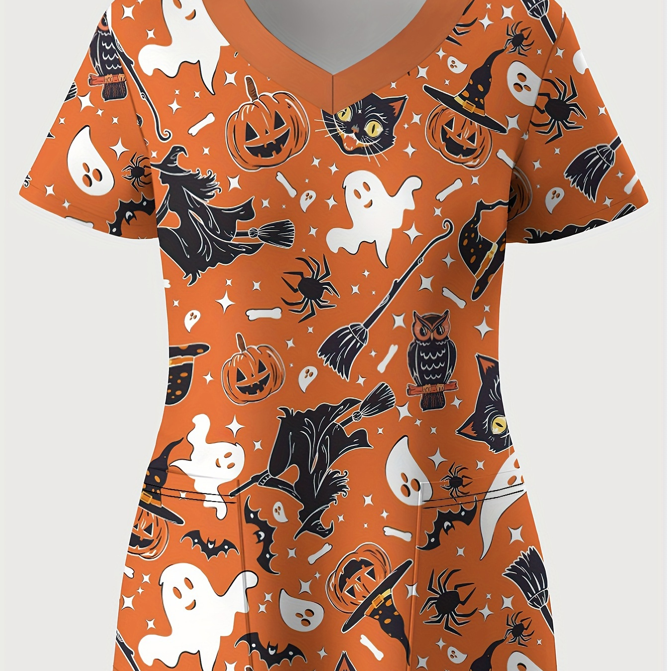 TEMU Plus Size, New European And Plus-size Women's Workwear Halloween Element Print V-neck Pullover Top, Simple And Elegant, Flattering Figure