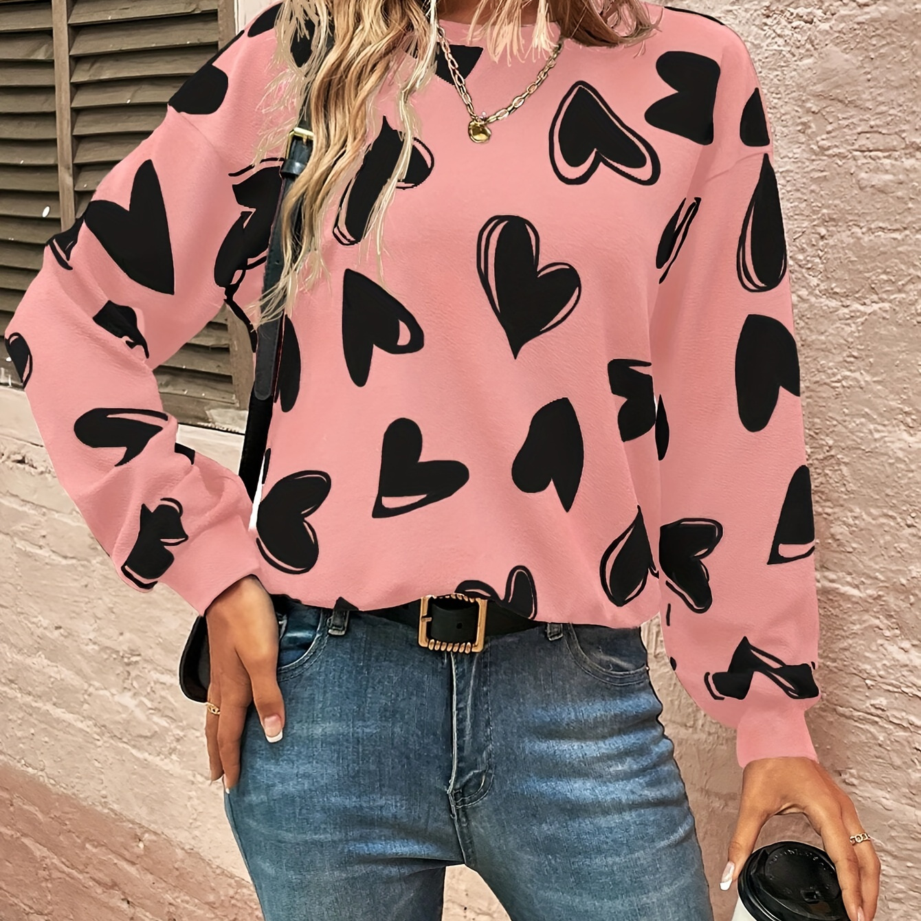 

Chic Pink Heart Print Drop Shoulder Sweatshirt - Elegant Polyester , Crew Neck, Long Sleeve - Machine Washable For Fall/