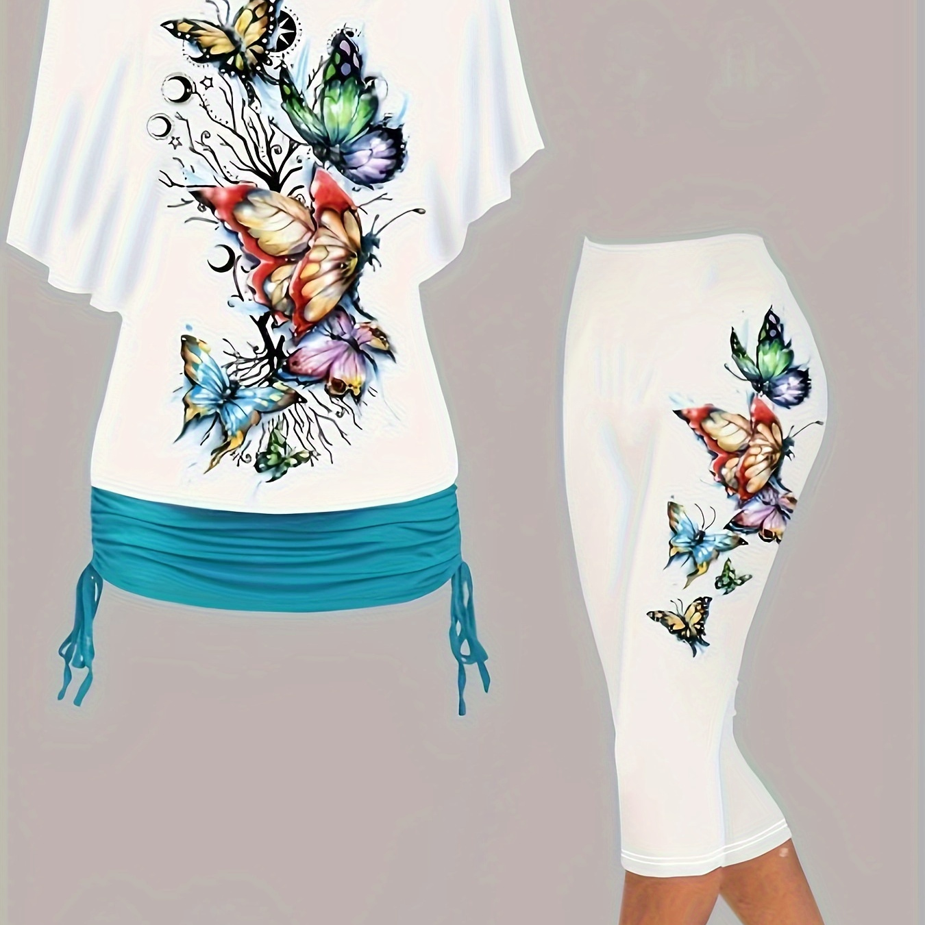 

Casual Butterfly Print Pants Set, One-shoulder Flutter Sleeve T-shirt & V Neck Drawstring Slim Cami Top & High Waist Capri Slim Pants Outfits, Women's Clothing