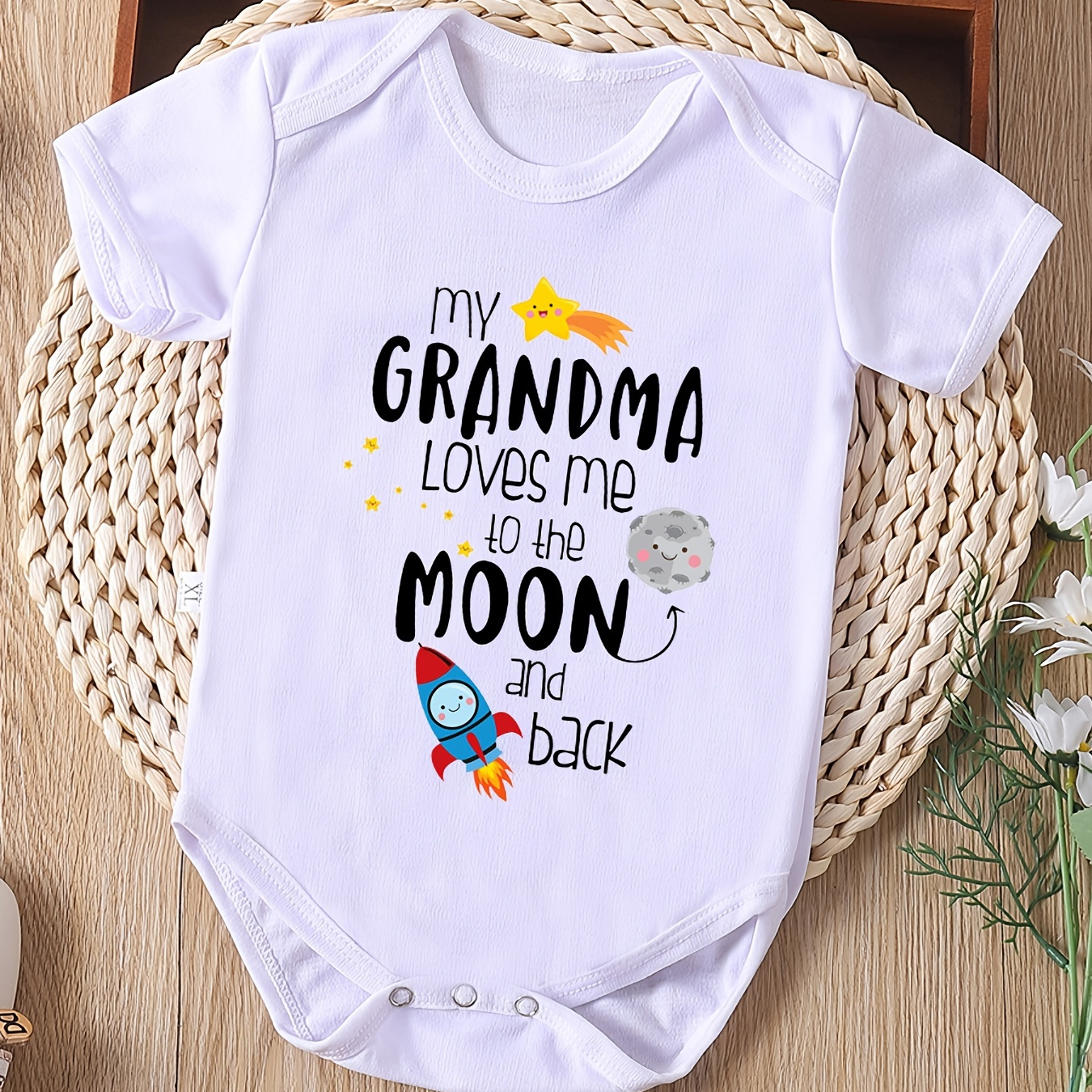 

Baby Girls Cute Casual Romper With "my Grandma Loves Me To The Moon" Print For Summer Pregnancy Gift