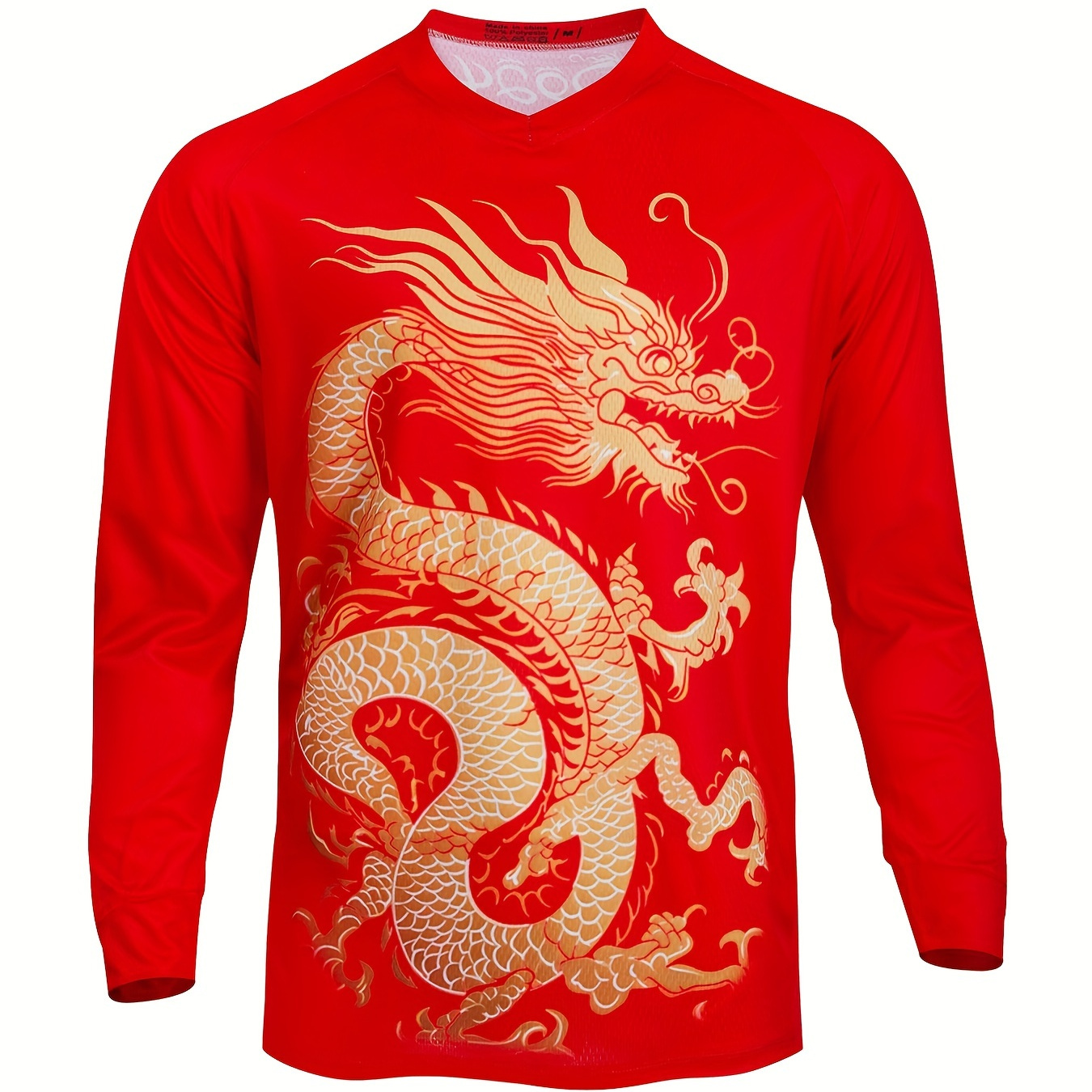 

Men's Cycling Jersey, New Year Golden Dragon Pattern Men's Quick-drying Long Sleeve Round Neck Riding T-shirt, Spring Fall Outdoor
