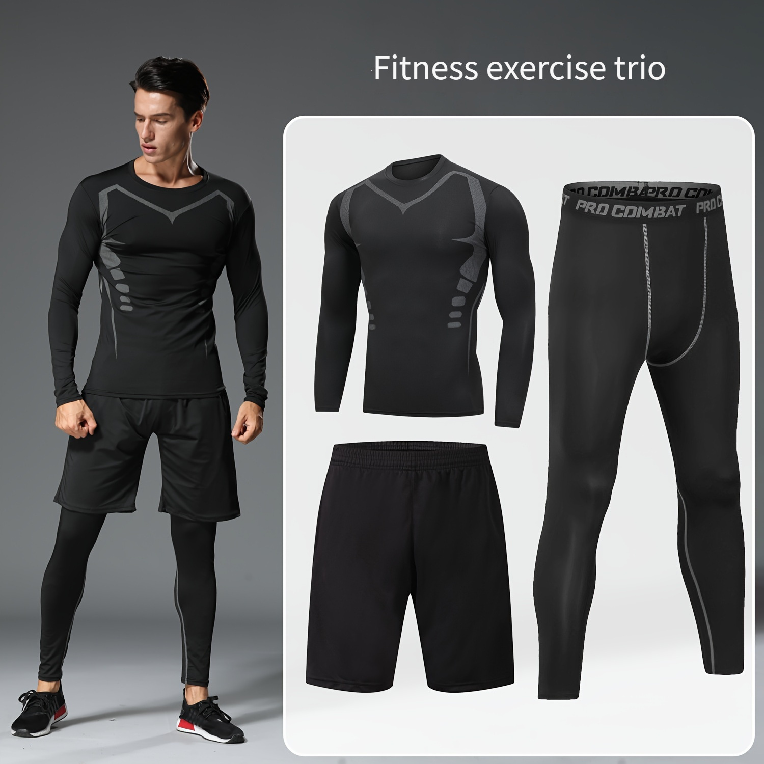 

3-piece Men's Gym Workout Sports Suits, Quick-drying Long Sleeve T-shirts +solid Comfy Shorts + Compression Leggings