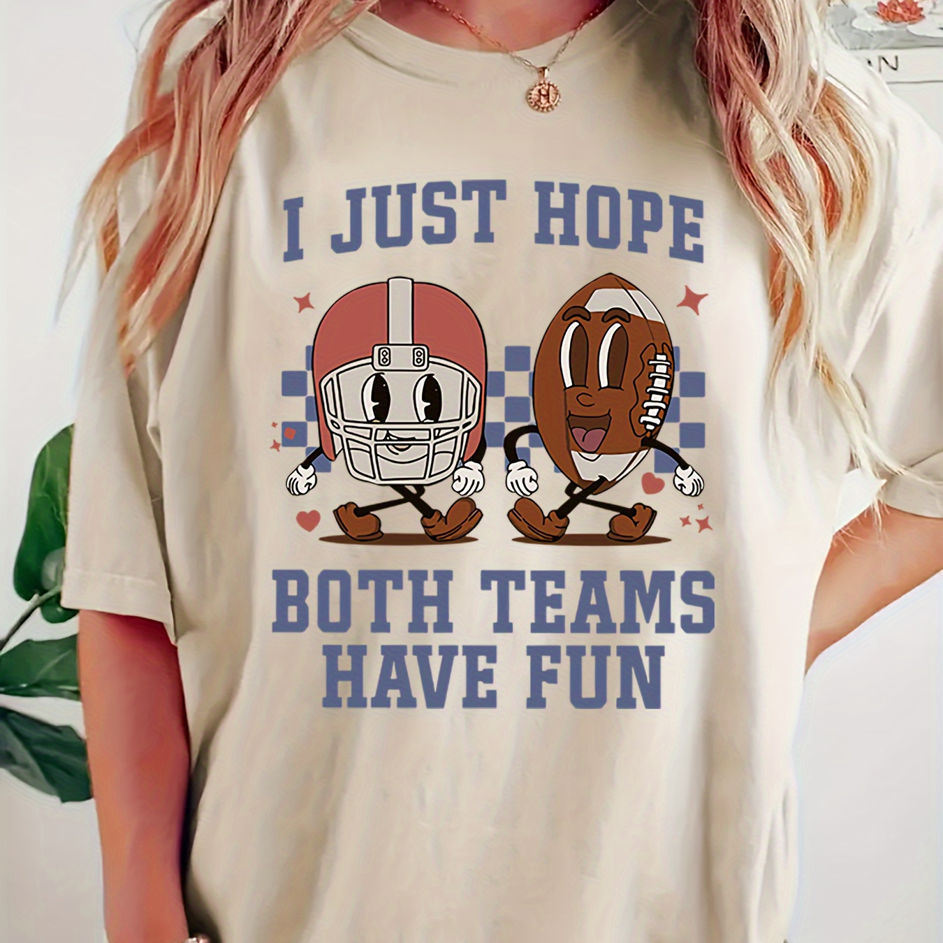 

Plus Size Casual Crew Neck T-shirt With "i Just Hope Both Teams " Cartoon Print, 100% Polyester Knit Fabric With Slight Stretch For Summer - Women's Oversized Graphic Tee