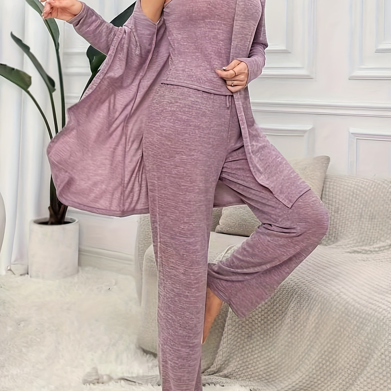 

Ensemble de pyjama décontracté uni pour femme, cardigan ouvert à manches longues et haut à col rond et pantalon, coupe décontractée confortable