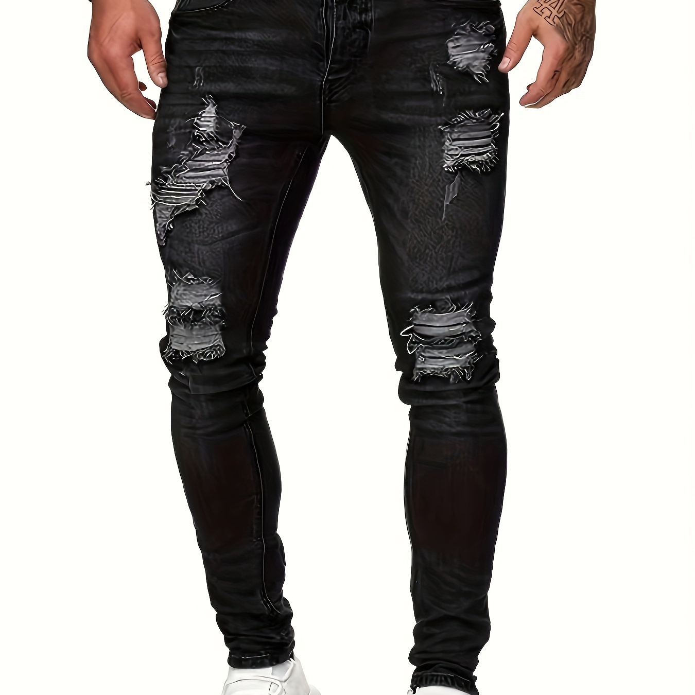 

Chic Ripped Cotton Skinny Jeans, Men's Casual Street Style Medium Stretch Denim Pants