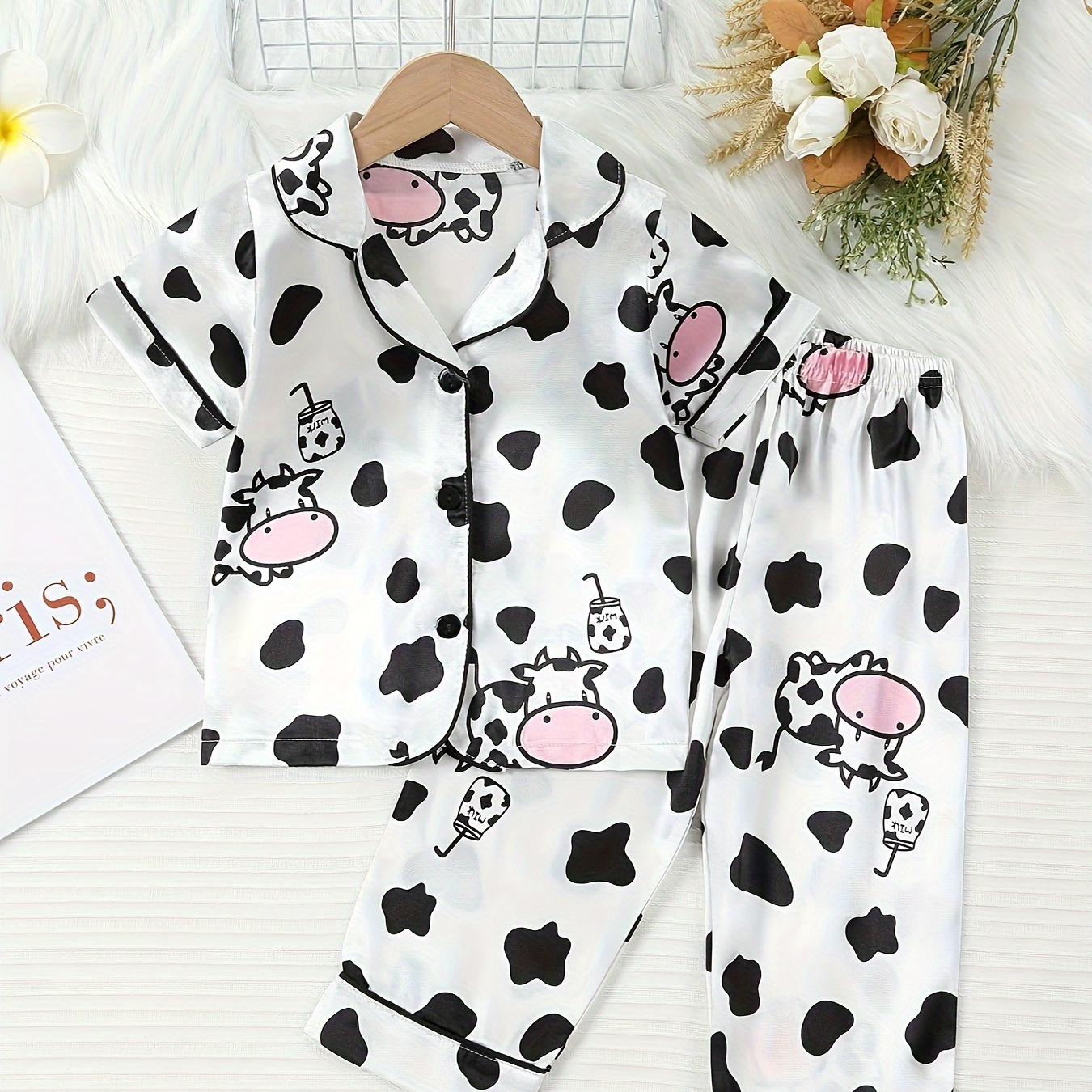 

2 Pcs Girl's Elegant Ice Silk Set, Cow Print Lapel Short Sleeve & Long Pants, Comfy & Skin-friendly Set, As Daily Gift