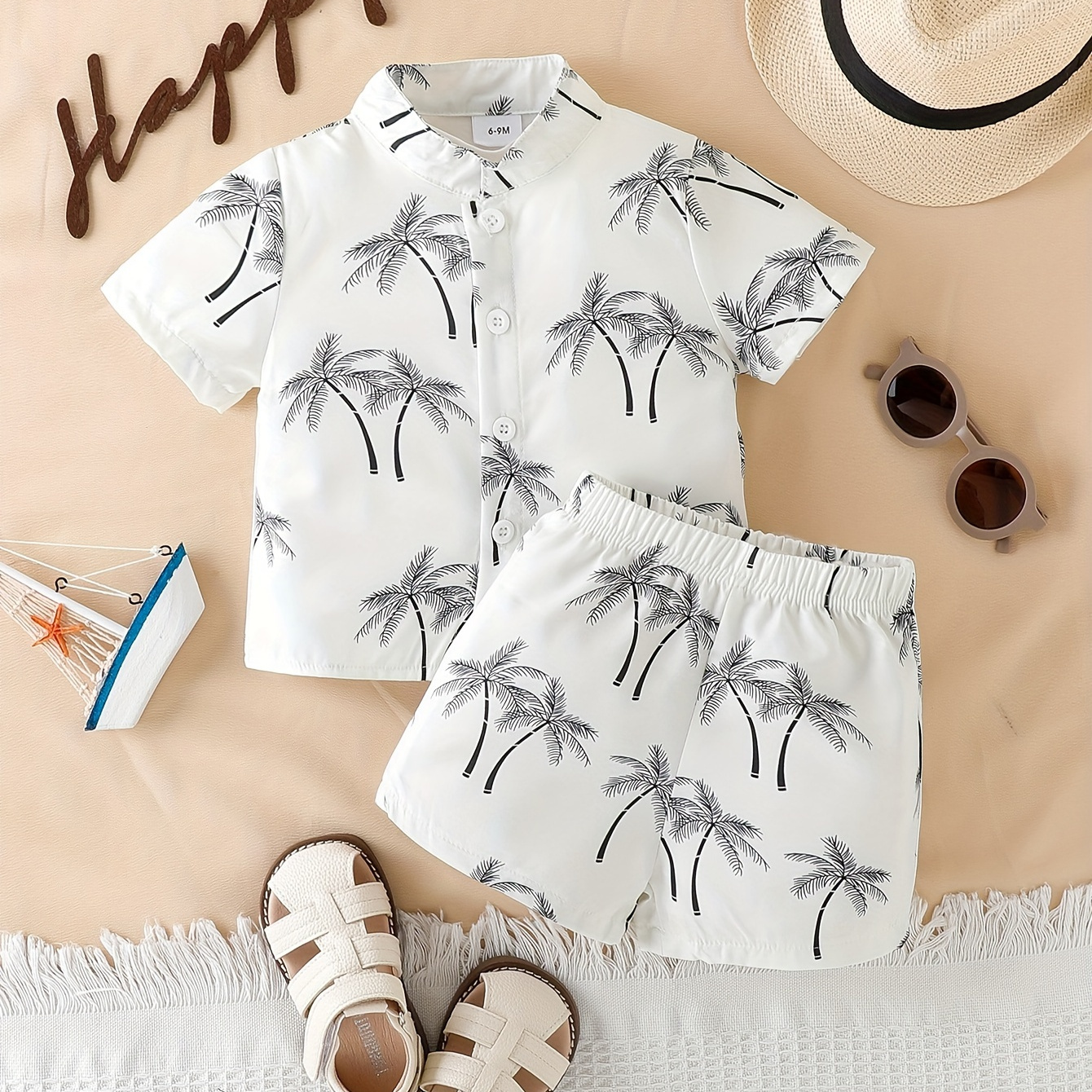 

2pcs Infant & Toddler's Vacation Style Summer Set, Coconut Tree Pattern Short Sleeve Shirt & Casual Shorts, Baby Boy's Clothes For Beach Vacation