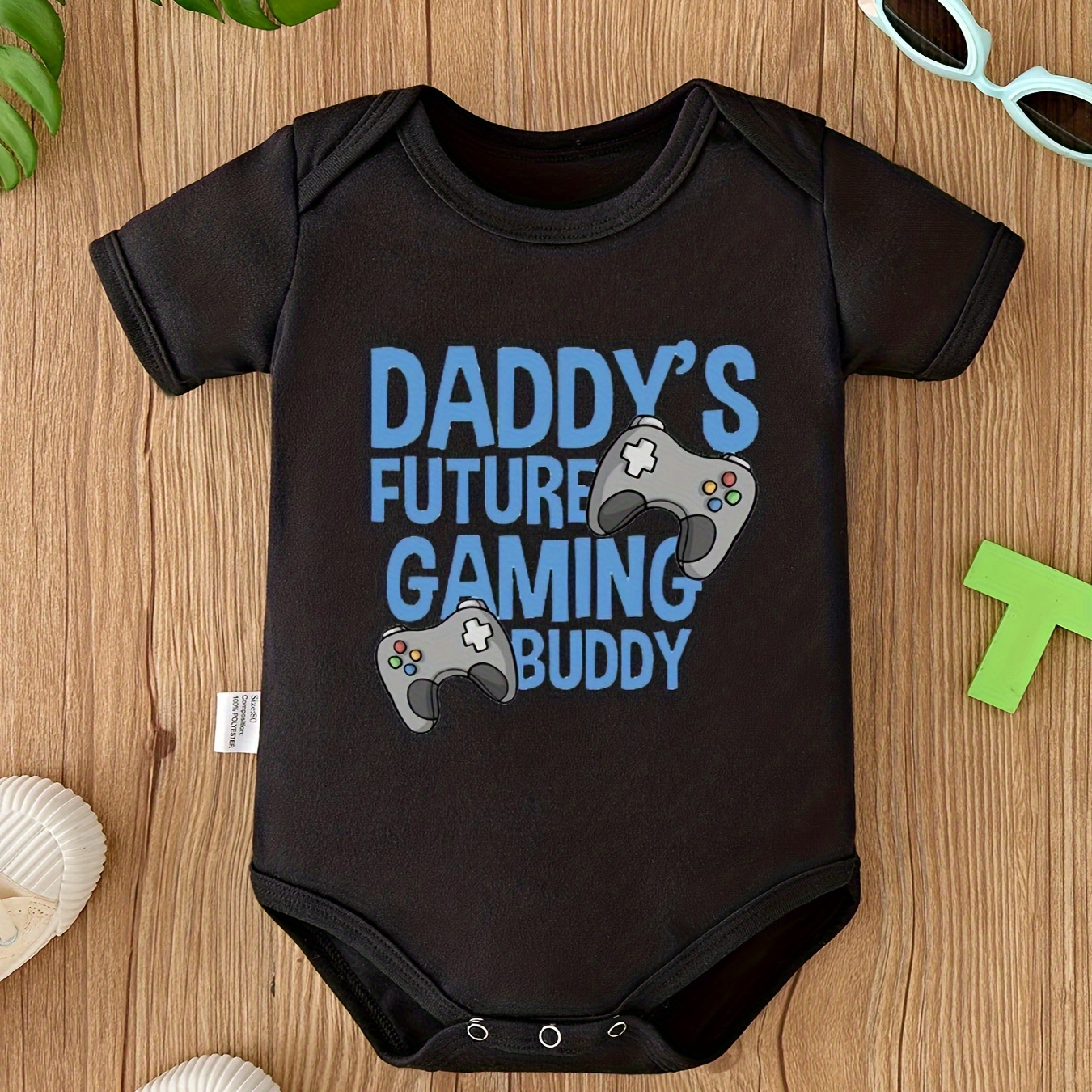 

Baby's "daddy's Future Gaming Buddy" Print Bodysuit, Casual Short Sleeve Romper, Toddler & Infant Boy's Clothing