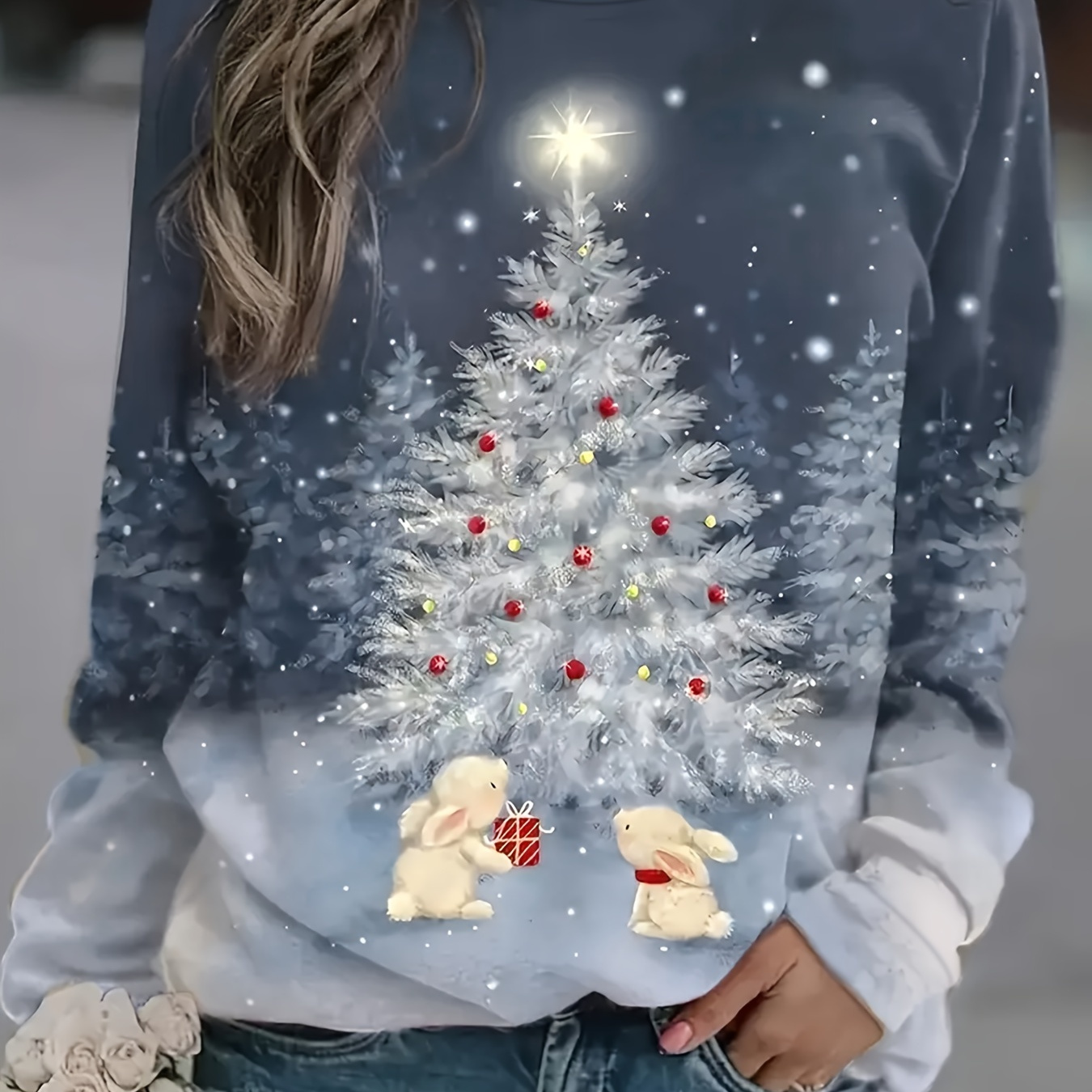 

Women's Christmas Tree Snowflake Print Crew Neck Sweatshirt - 100% Polyester Casual Long Sleeve Knit Pullover For Fall/winter