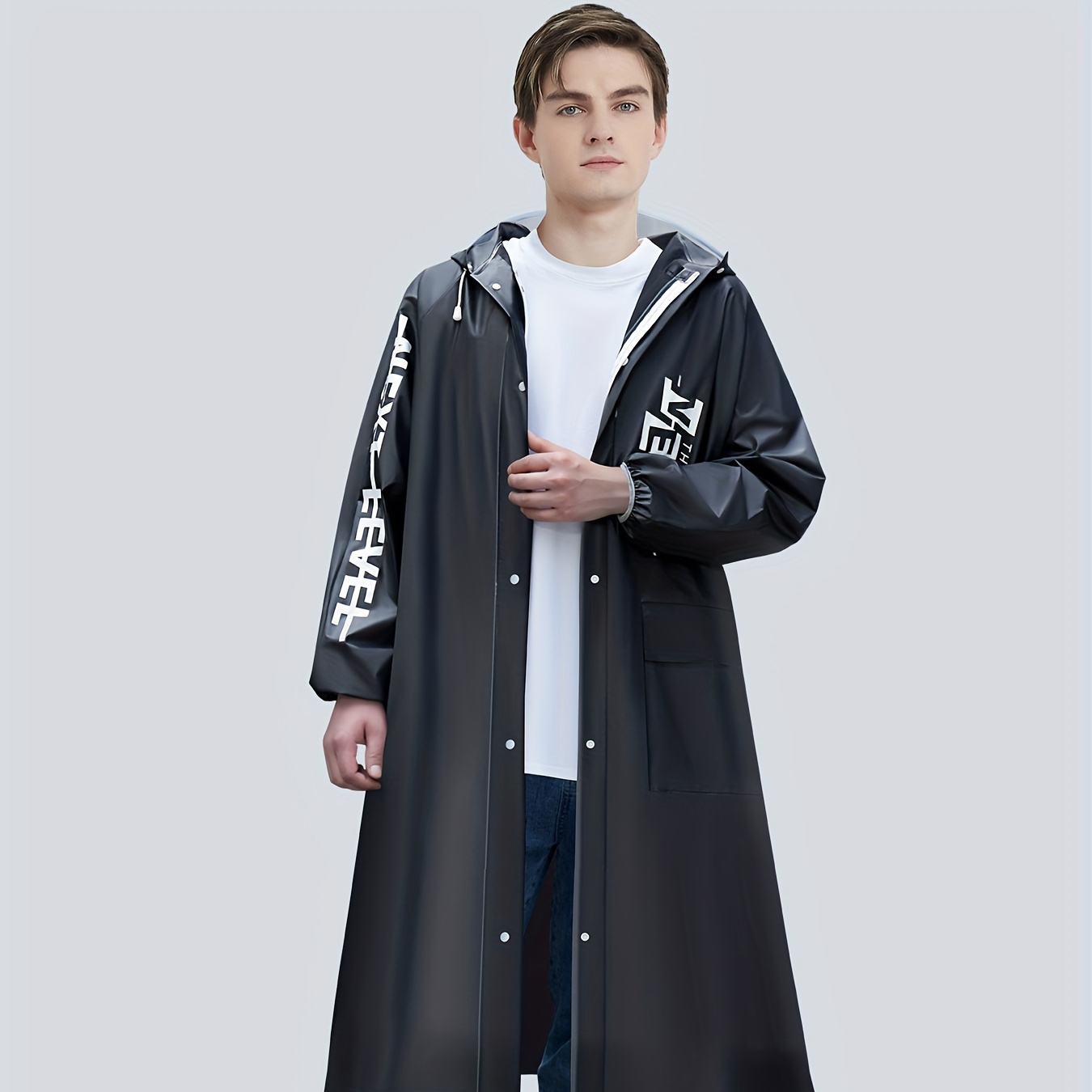 

Men's Casual Button Up Long Hooded Raincoat, Chic Reusable Printed Raincoat For Outdoor Activities