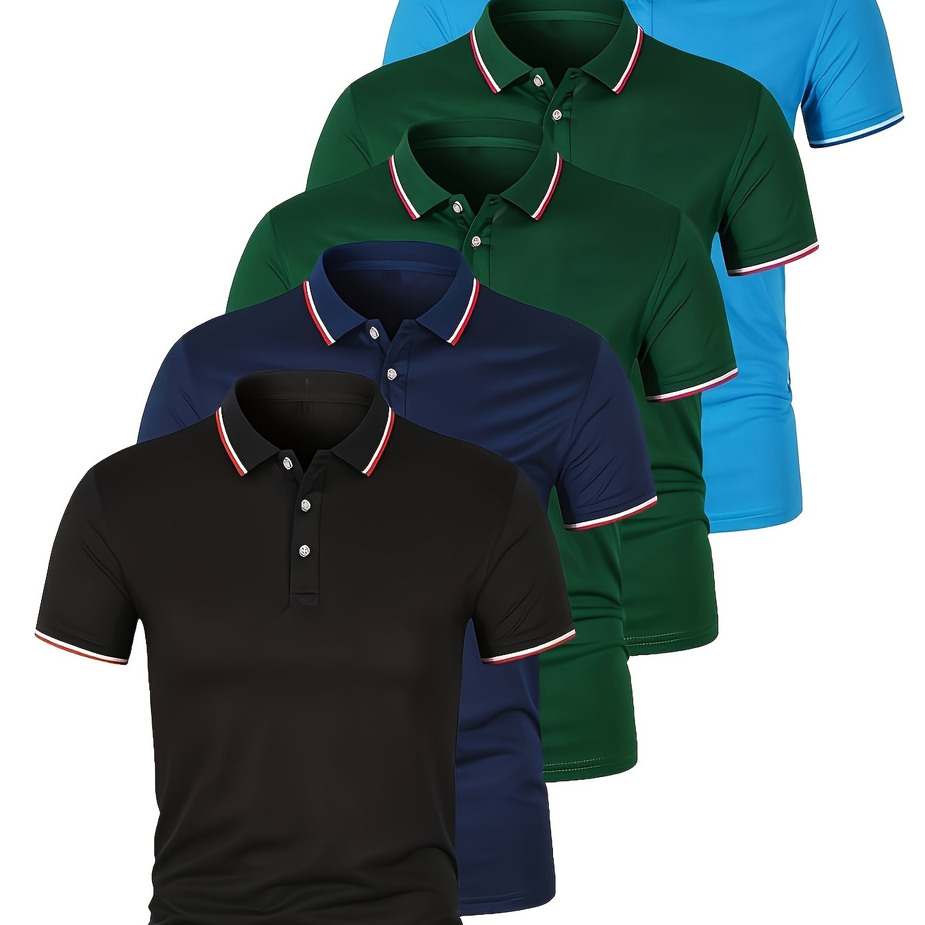 

5pcs Men's Summer Lapel Short Sleeve Golf Shirts With Solid Colors, Breathable Slight Stretchy Tops With Button Details, Regular Fit, Suitable For Business & Daily Workout