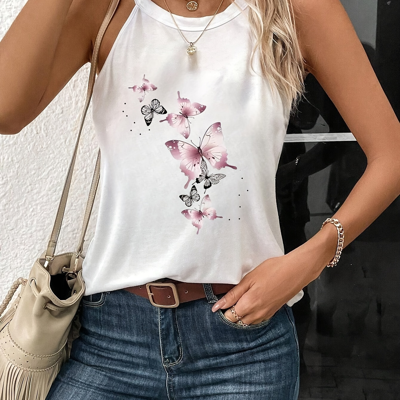 

Print Sleeveless Tank Top - Chic Off-shoulder, Semi-sheer Polyester With Stretch, Machine Washable - All , Tank Top
